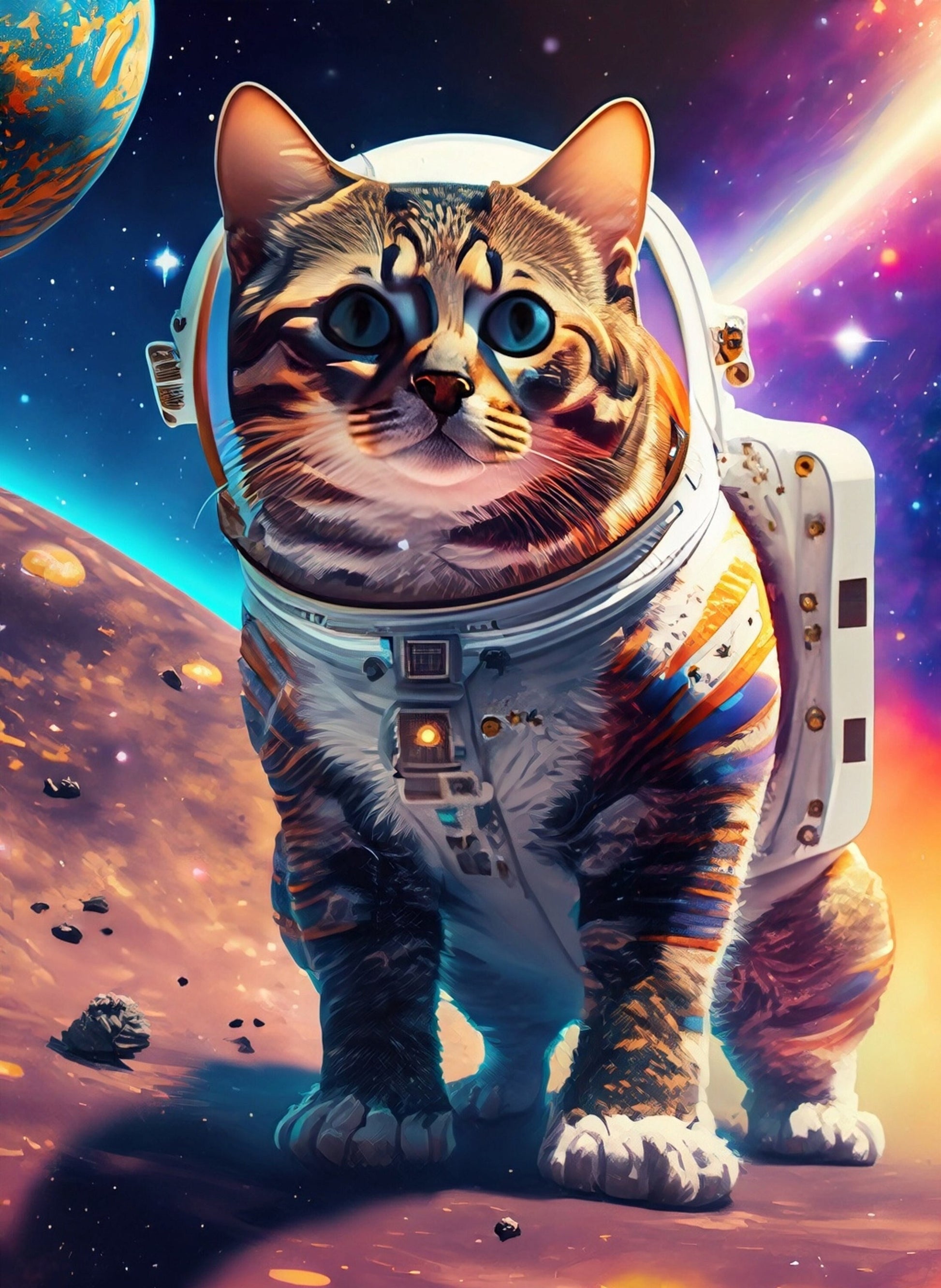 Large Decoupage Paper for Furniture - Rice Paper for Decoupage - Galactic Cat - Decoupage Paper - Colorful Planets and Stars - Astronaut