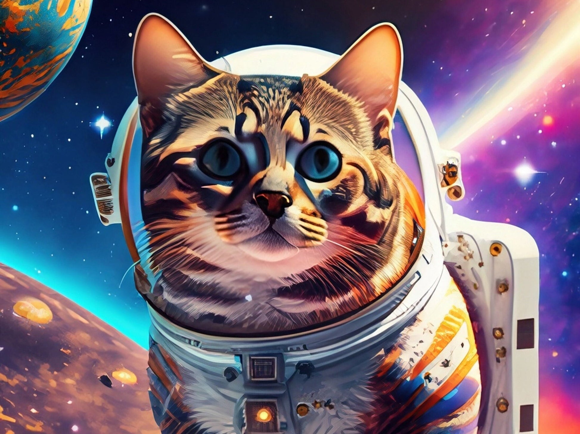 Large Decoupage Paper for Furniture - Rice Paper for Decoupage - Galactic Cat - Decoupage Paper - Colorful Planets and Stars - Astronaut