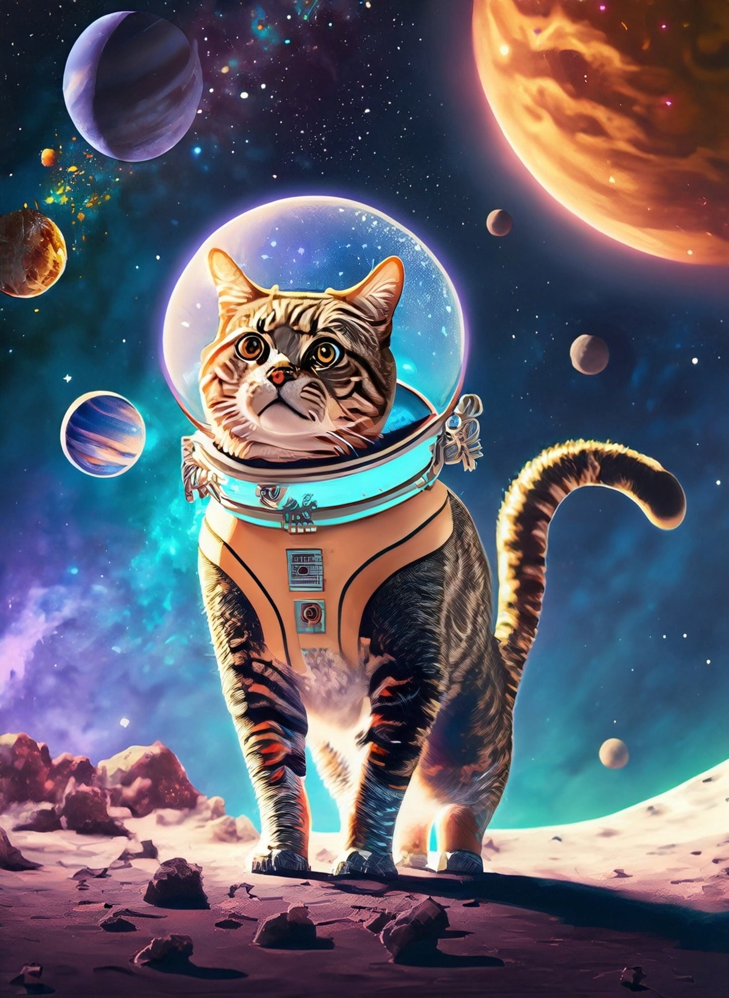 Large Decoupage Paper for Furniture - Rice Paper for Decoupage - Galactic Cat - Decoupage Paper - Colorful Planets and Stars - Astronaut