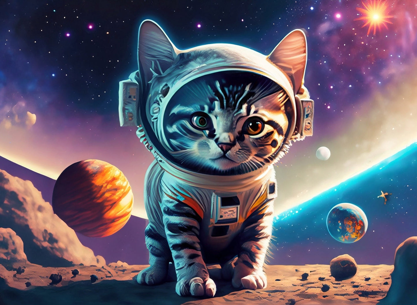 Large Decoupage Paper for Furniture - Rice Paper for Decoupage - Galactic Cat - Decoupage Paper - Colorful Planets and Stars - Astronaut