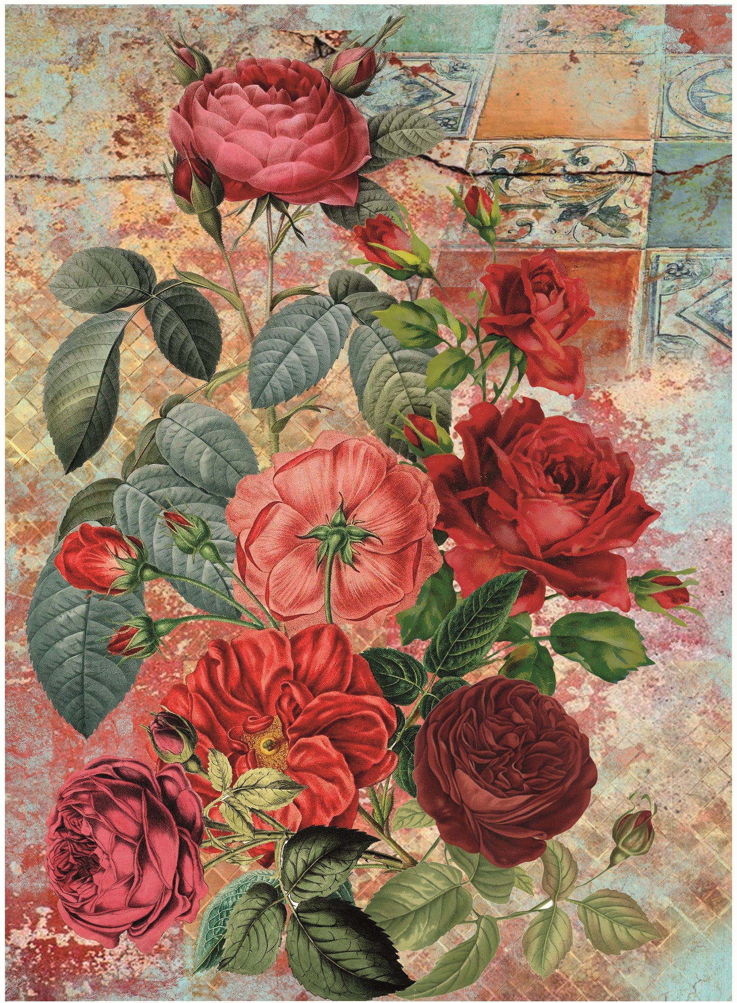 Authentic Pattern Red Roses - Large Decoupage for Furniture - Rice Paper - Vintage Decoupage - Decoupage Paper