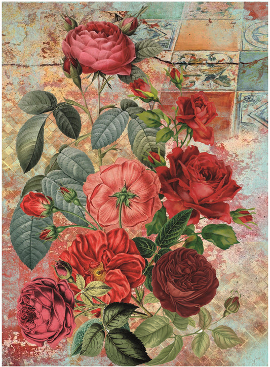 Authentic Pattern Red Roses - Large Decoupage for Furniture - Rice Paper - Vintage Decoupage - Decoupage Paper