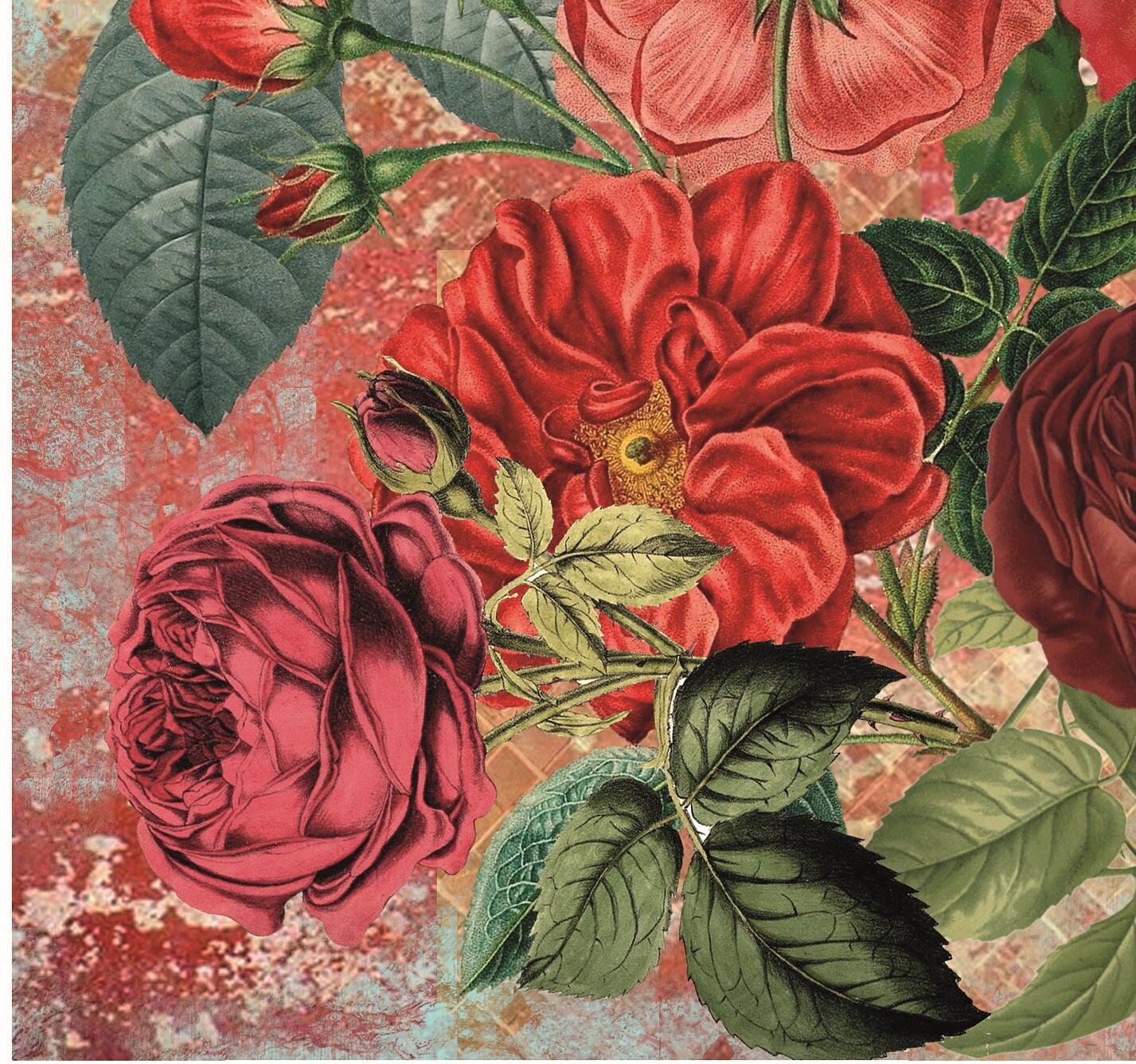 Authentic Pattern Red Roses - Large Decoupage for Furniture - Rice Paper - Vintage Decoupage - Decoupage Paper