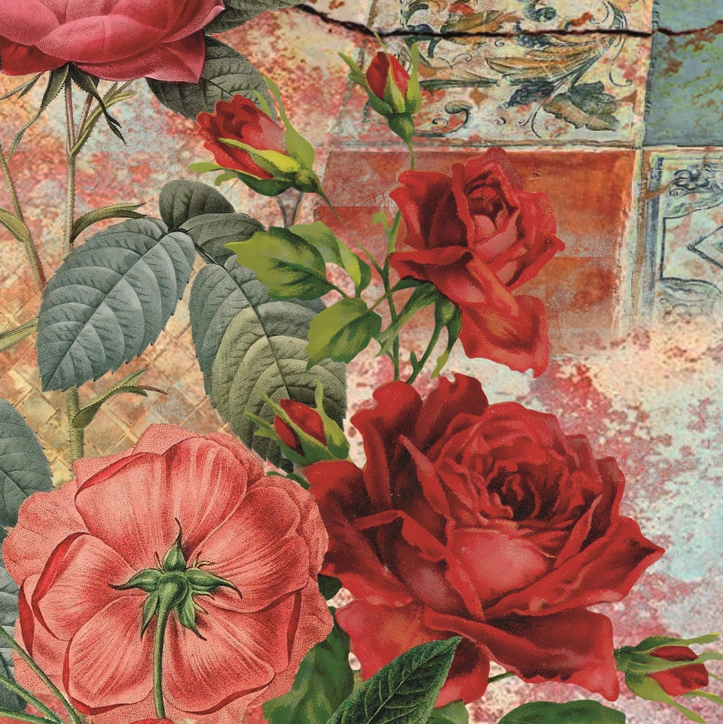 Authentic Pattern Red Roses - Large Decoupage for Furniture - Rice Paper - Vintage Decoupage - Decoupage Paper