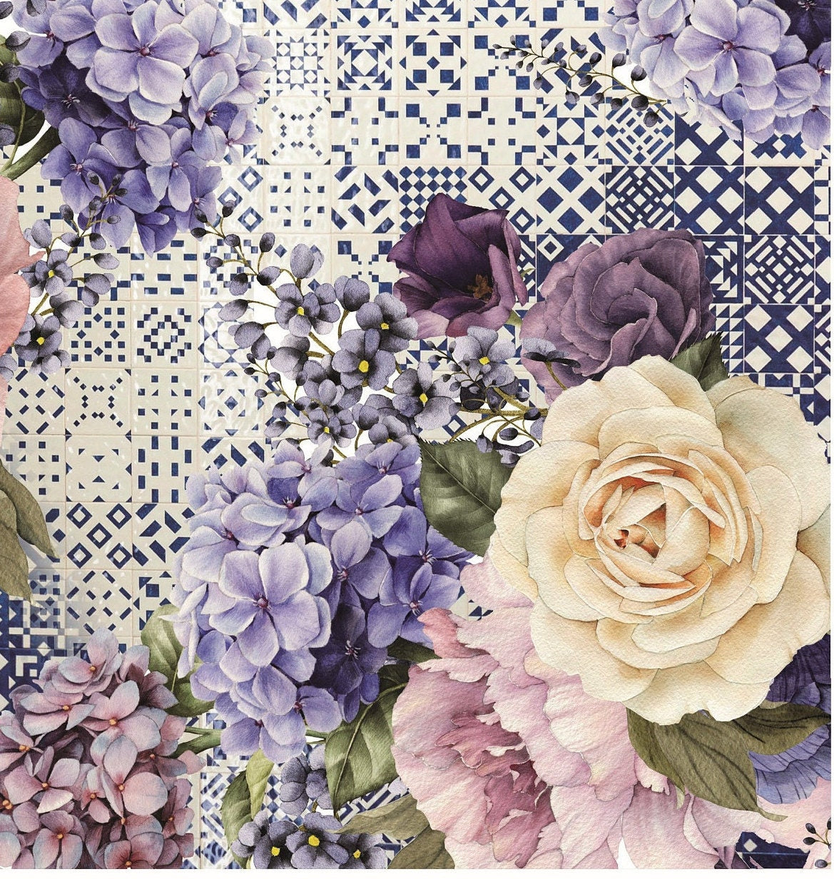 Authentic Pattern Whie Roses - Large Decoupage for Furniture - Rice Paper - Vintage Decoupage - Decoupage Paper - Shabby Chic