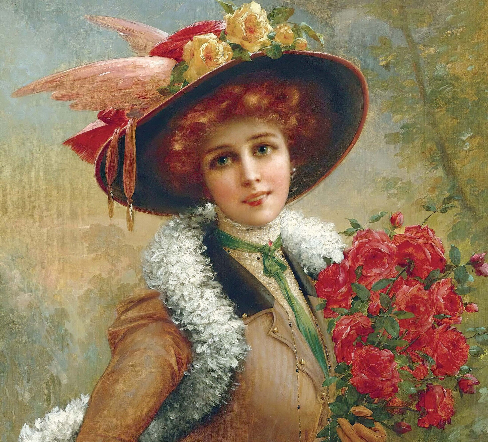 Woman Portrait with Red Roses - Large Decoupage Paper for Furniture - Vintage Decoupage - Rice Paper - Historical Decoupage Paper