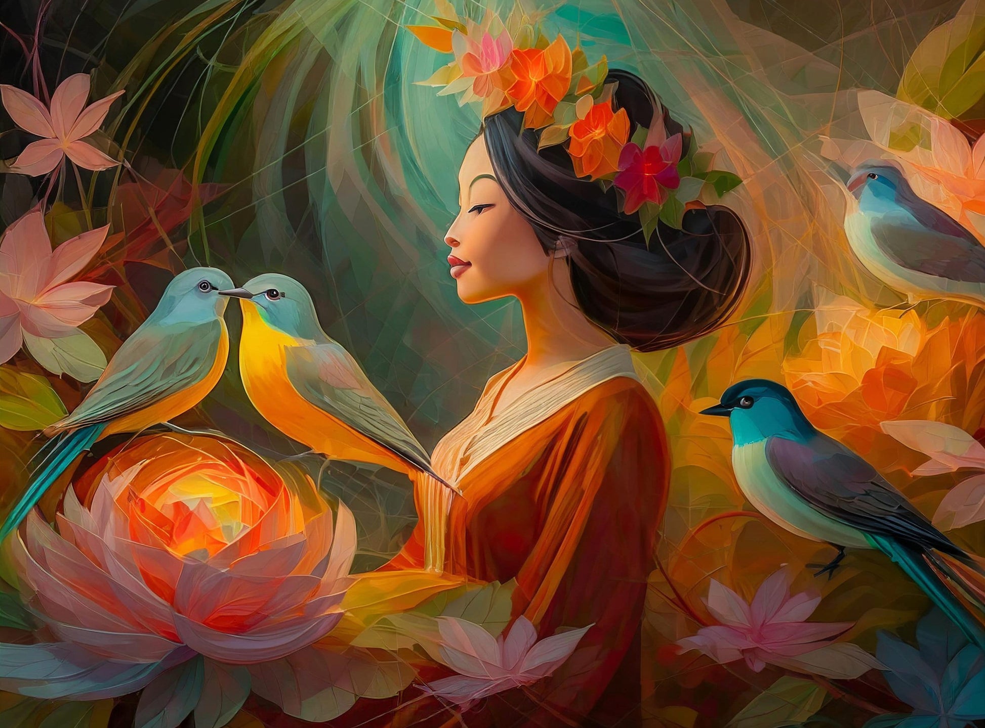 Large Decoupage Paper for Furniture - Rice Paper for Decoupage - Woman - Birds - Floral Decoupage Paper - Flowers