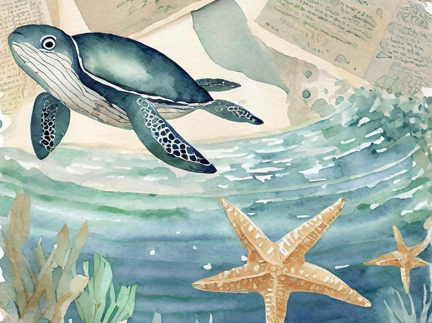 Marine Life - Large Decoupage Paper for Furniture - Rice Paper - Decoupage Paper - Sea Turtle - Star