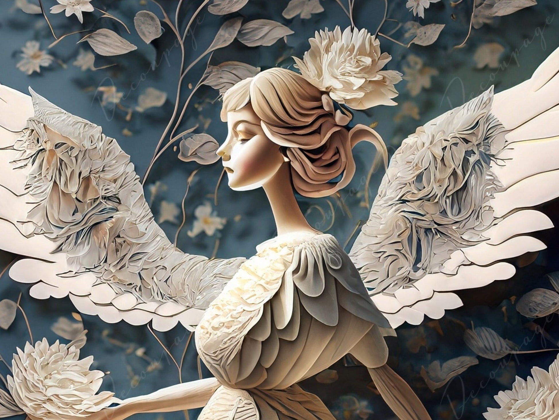 Decoupage Paper for Furniture - Rice Paper for Decoupage - Angel Girl - Floral Decoupage Paper - White Decoupage