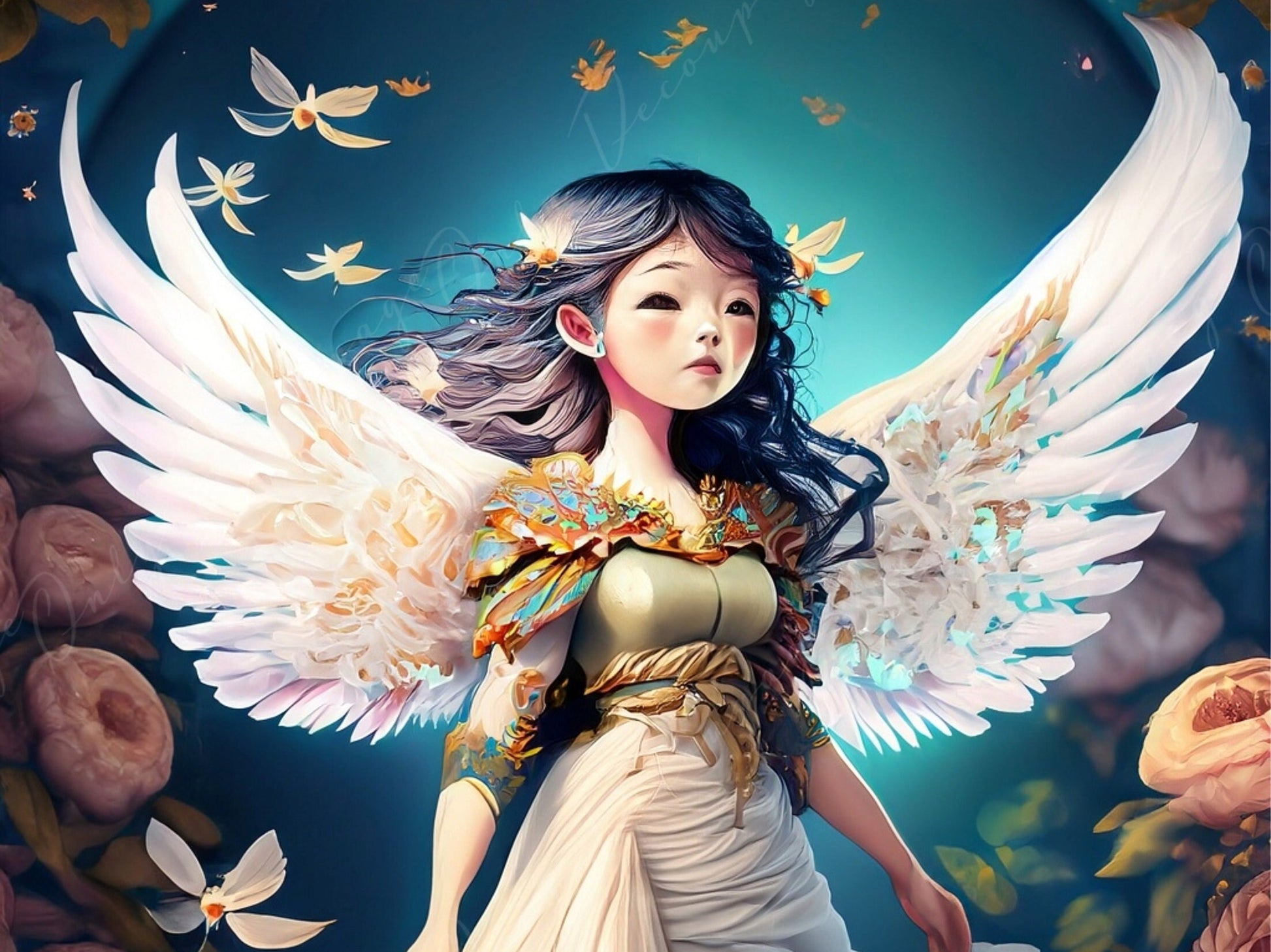 Decoupage Paper for Furniture - Rice Paper for Decoupage - Angel Girl with Wing - Floral Decoupage Paper