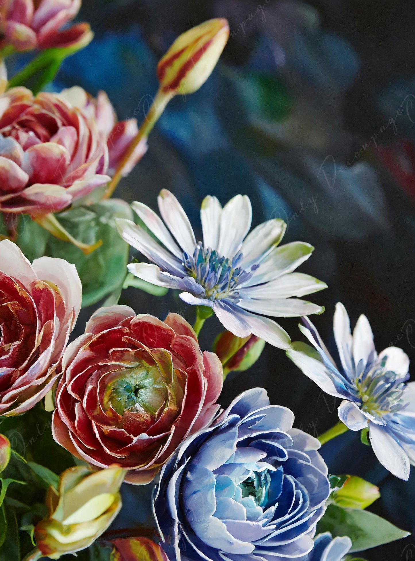 Decoupage Paper Floral - Rice Paper for Furniture - Dark Background - Spring Flowers