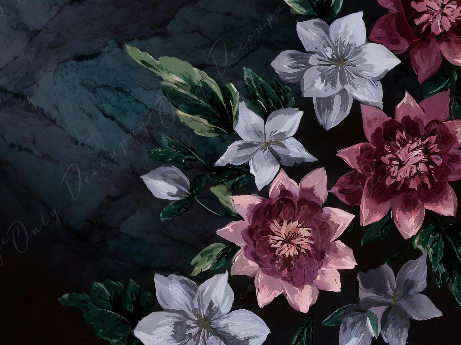 Decoupage Paper Floral - Rice Paper for Furniture - Dark Background - Spring Flowers