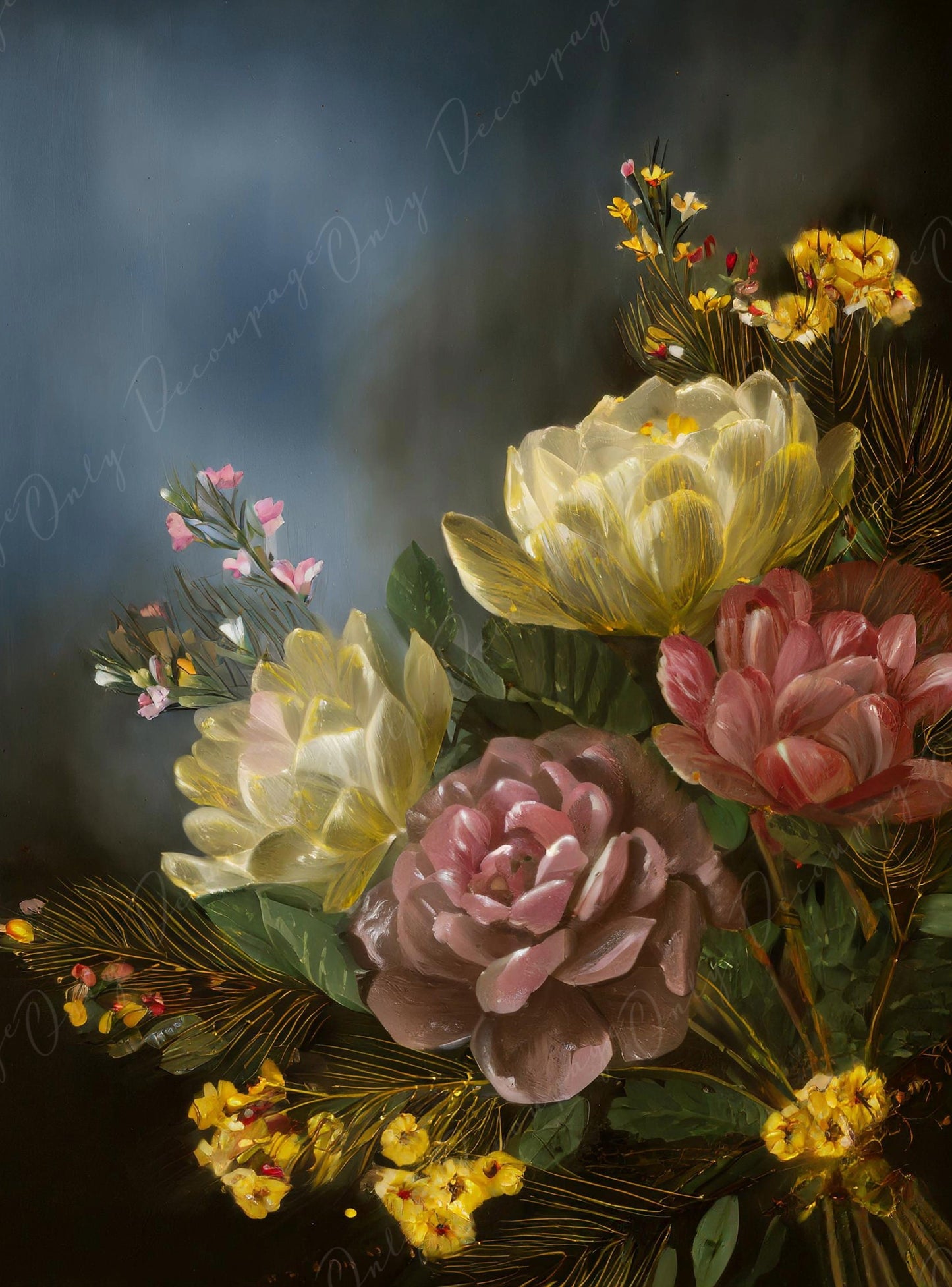 Decoupage Paper Floral - Rice Paper for Furniture - Dark Background - Spring Flowers