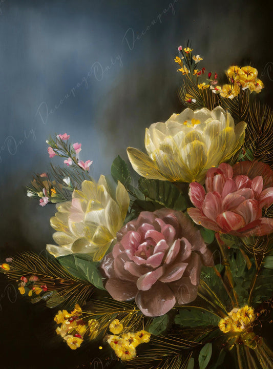 Decoupage Paper Floral - Rice Paper for Furniture - Dark Background - Spring Flowers