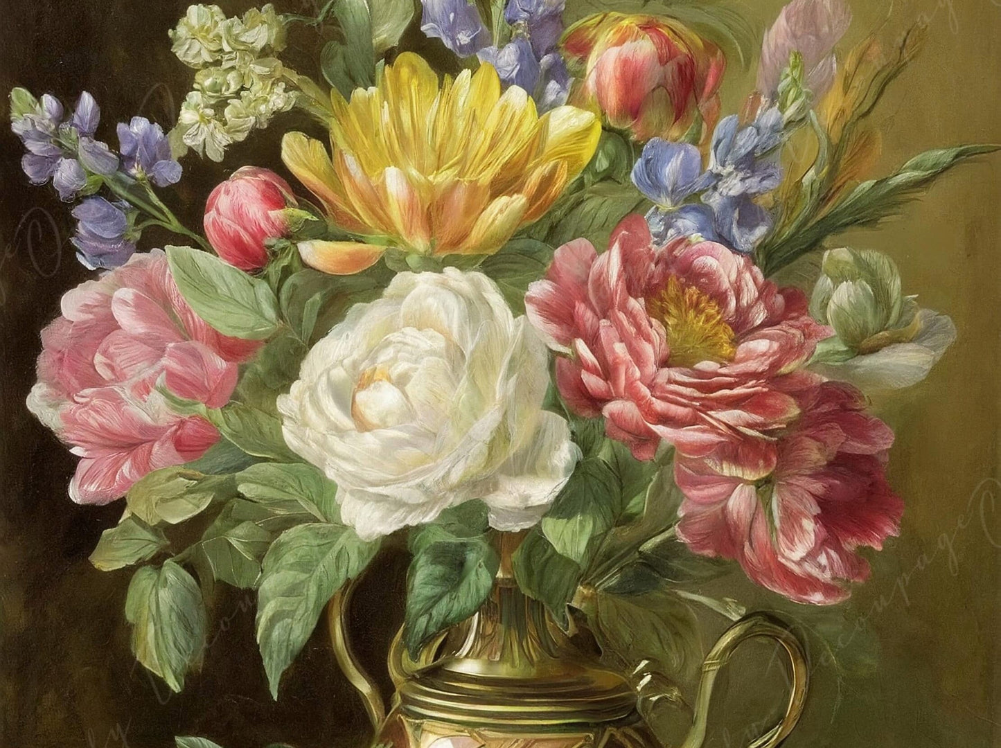 Decoupage Paper Floral - Rice Paper for Furniture - Dark Background - Spring Flowers - Golden Vase - Still Life