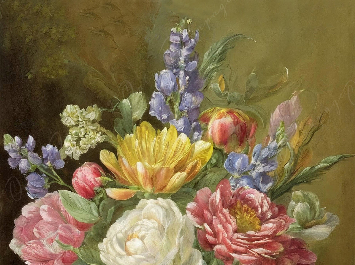 Decoupage Paper Floral - Rice Paper for Furniture - Dark Background - Spring Flowers - Golden Vase - Still Life