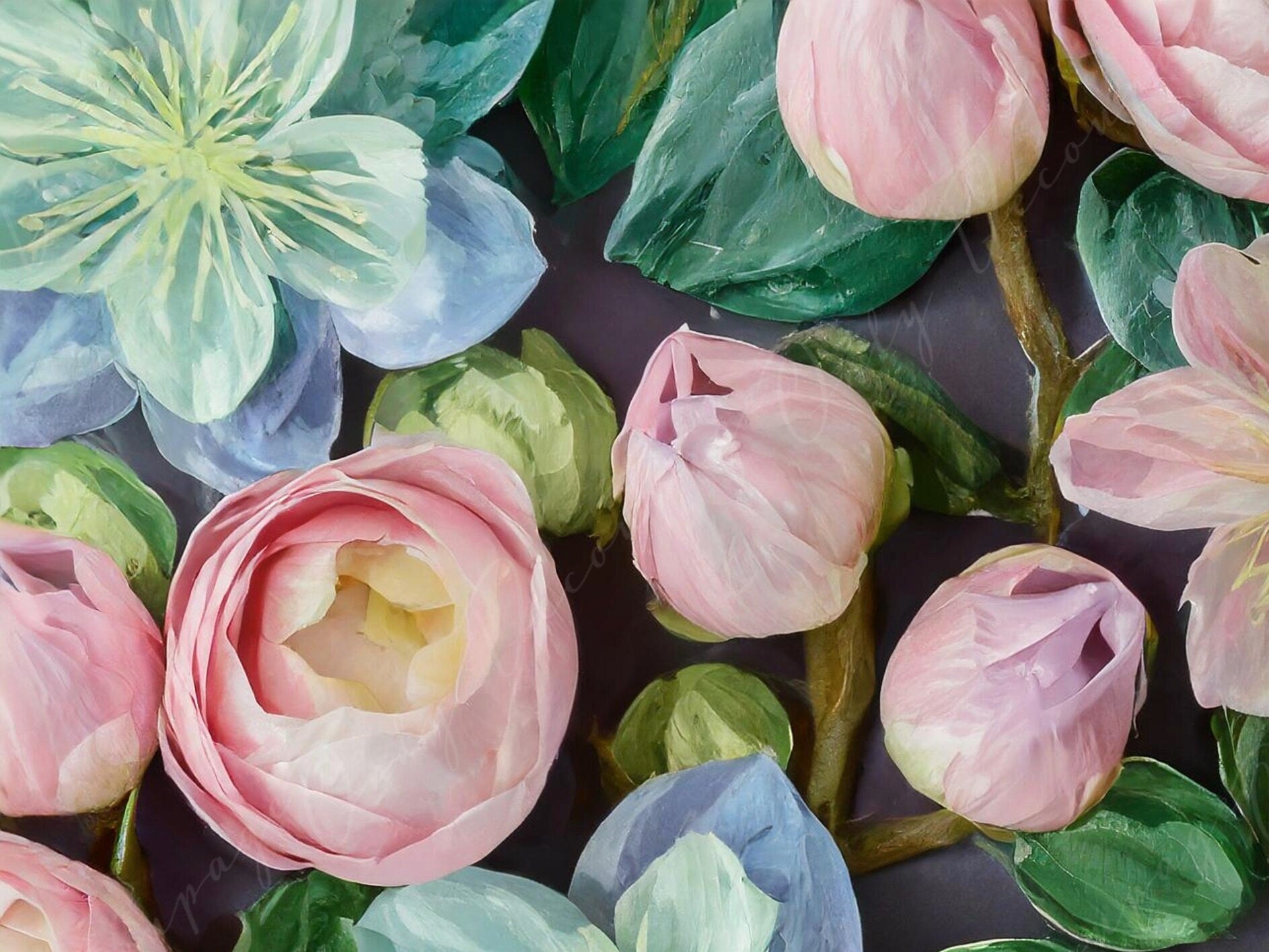 Floral Decoupage Paper for Furniture - Large Flowers Rice Paper - Dark Background - Spring Flowers