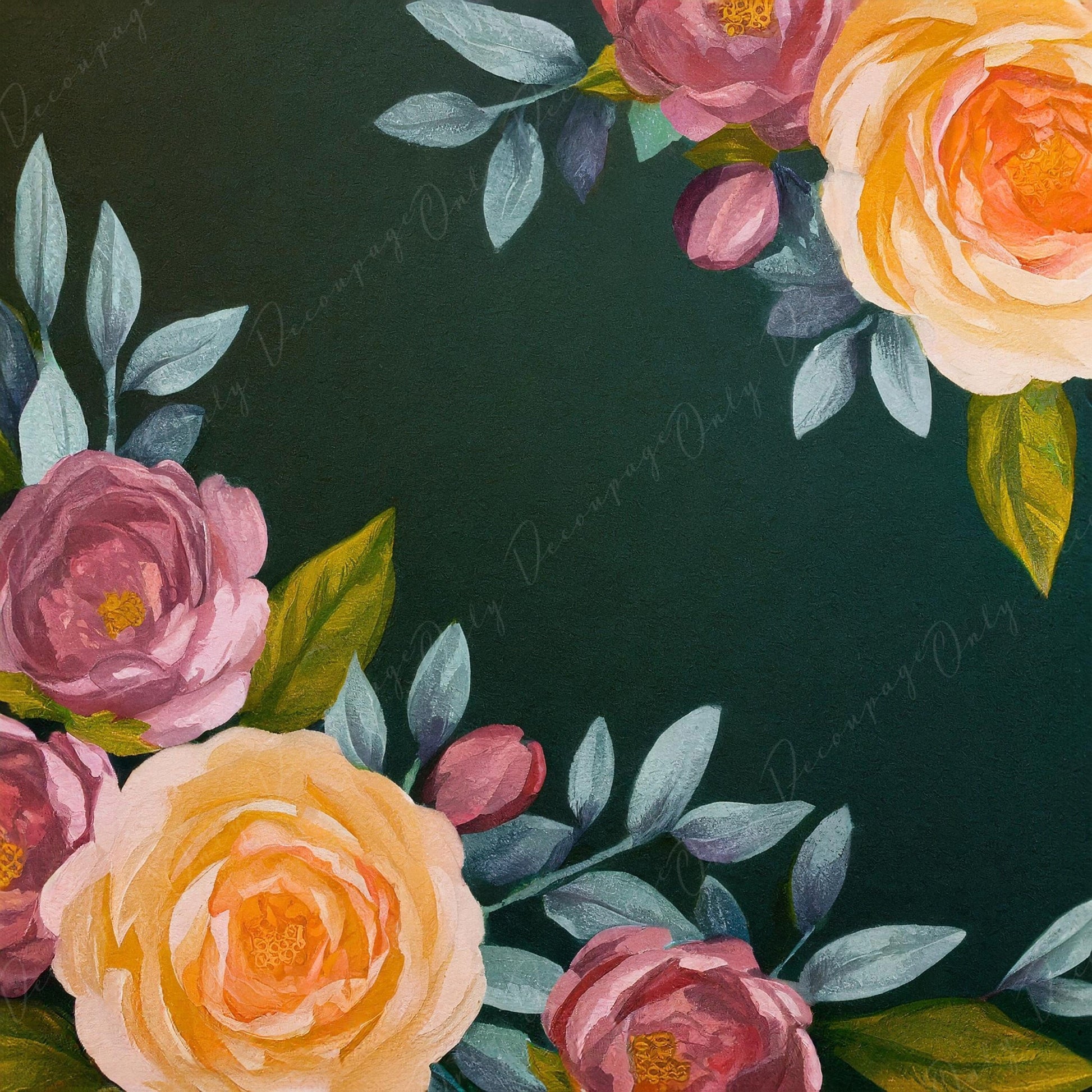 Floral Decoupage Paper for Furniture - Large Flowers Rice Paper - Dark Background - Yellow Spring Flowers