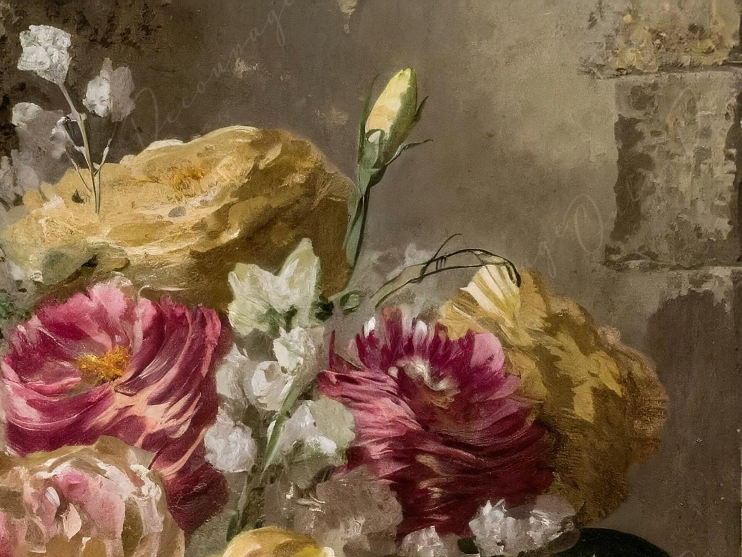 Floral Decoupage Paper for Furniture - Large Flowers Rice Paper - Dark Background - Yellow Spring Flowers