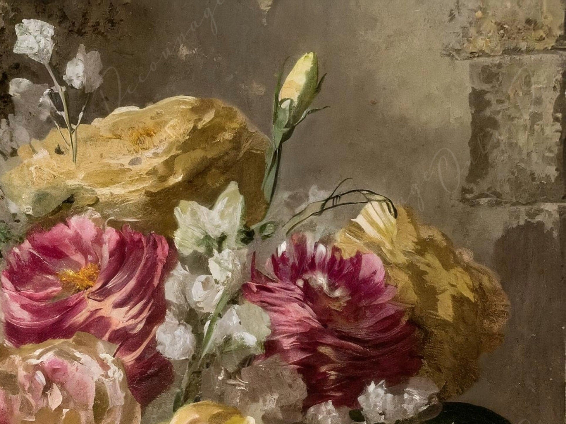 Floral Decoupage Paper for Furniture - Large Flowers Rice Paper - Dark Background - Yellow Spring Flowers