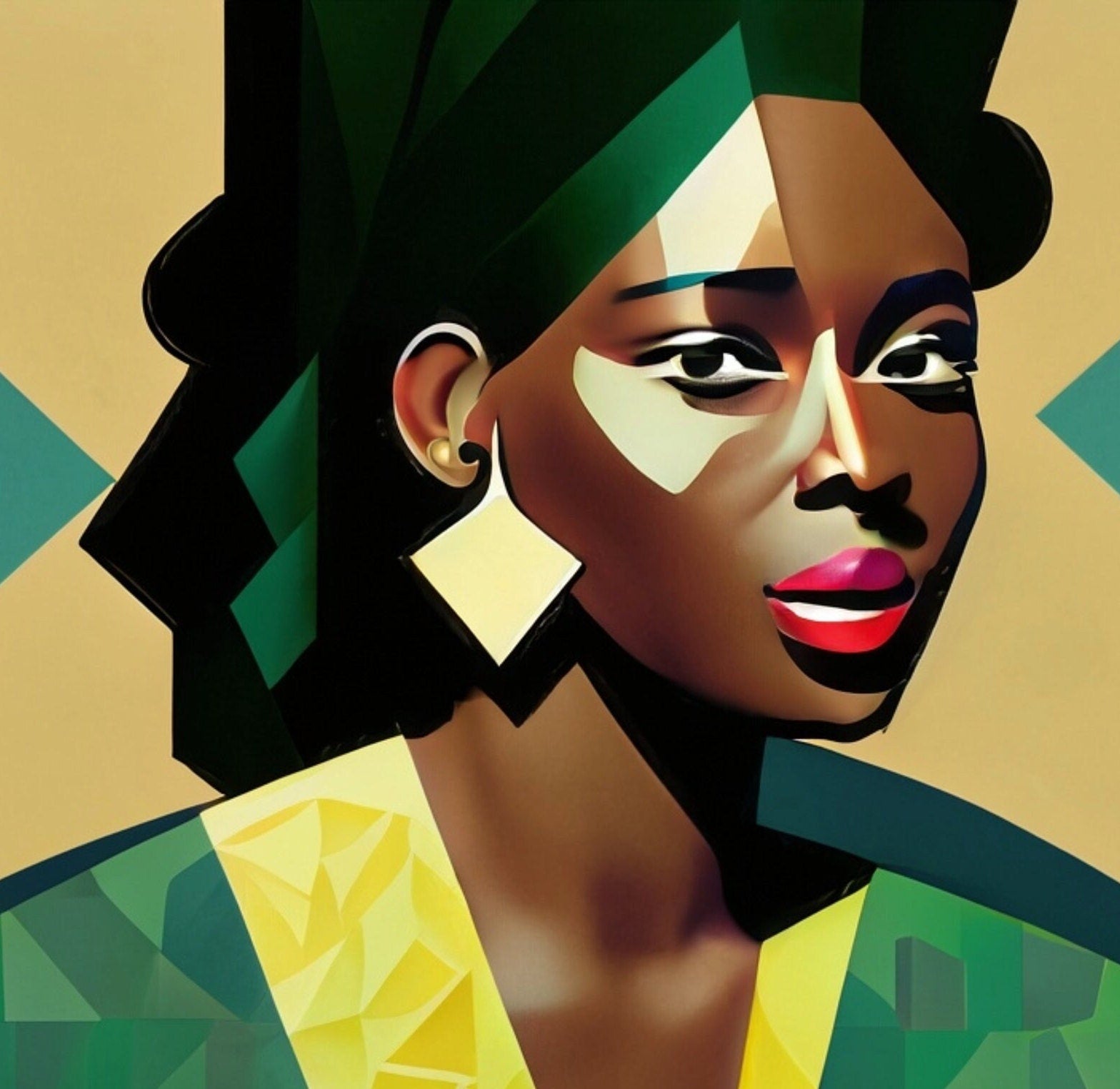 Decoupage Paper - Decoupage for Furniture - Large Size Rice Paper - Vintage Decoupage - Greeny Cubic Beautiful Afro Woman