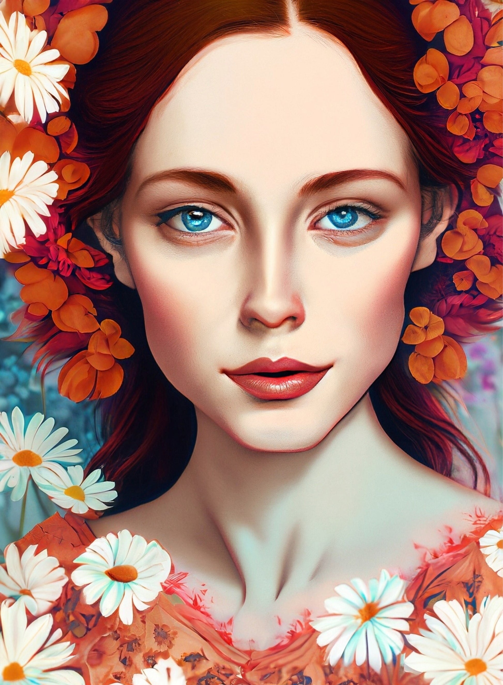 Decoupage Paper - Floral Rice Paper for Decoupage - Woman Portrait with Flowers - Large Decoupage Paper for Furniture - Blue Eyes