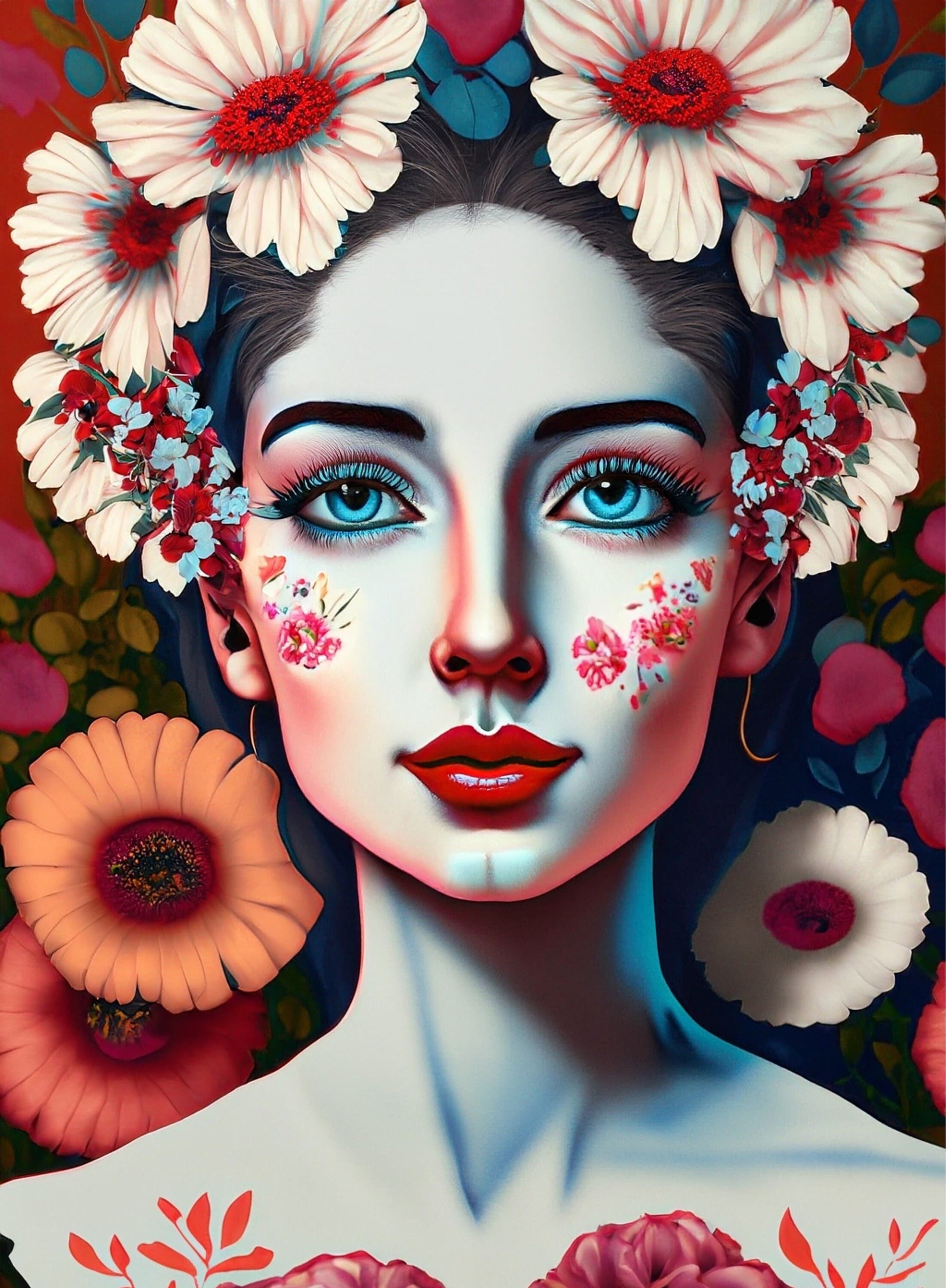 Decoupage Paper - Floral Rice Paper for Decoupage - Woman Portrait with Flowers - Large Decoupage Paper for Furniture - Blue Eyes