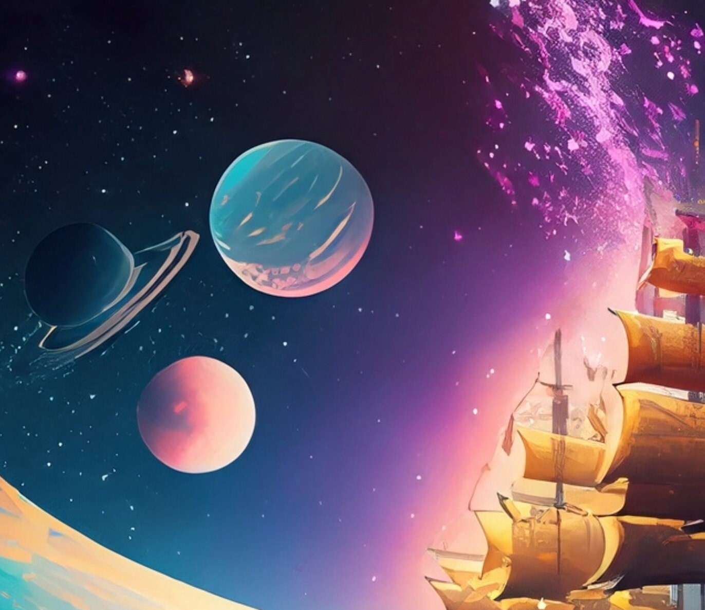 Universe Sailing Ships - Furniture Decoupage Paper - Large Rice Paper - Decoupage Rice Paper - Planets - Galaxy