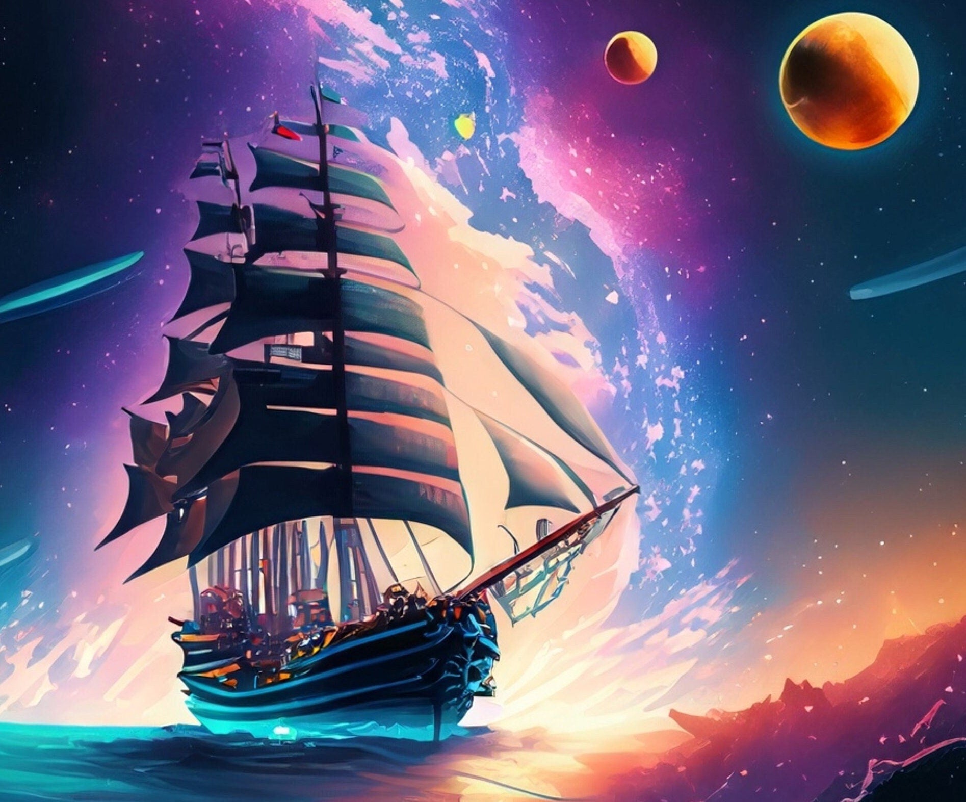 Universe Sailing Ships - Furniture Decoupage Paper - Large Rice Paper - Decoupage Rice Paper - Planets - Galaxy