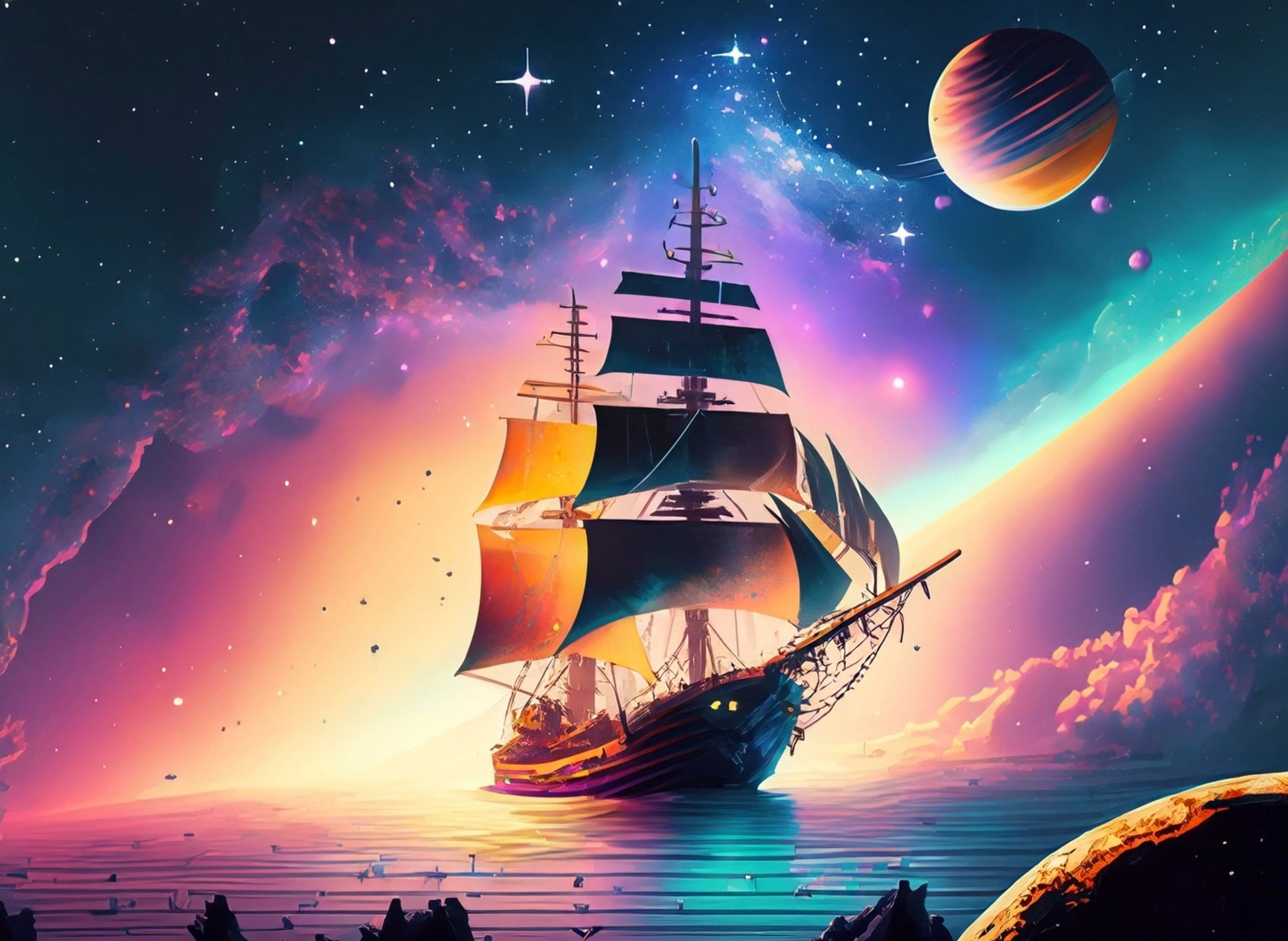 Universe Sailing Ships - Furniture Decoupage Paper - Large Rice Paper - Decoupage Rice Paper - Planets - Galaxy