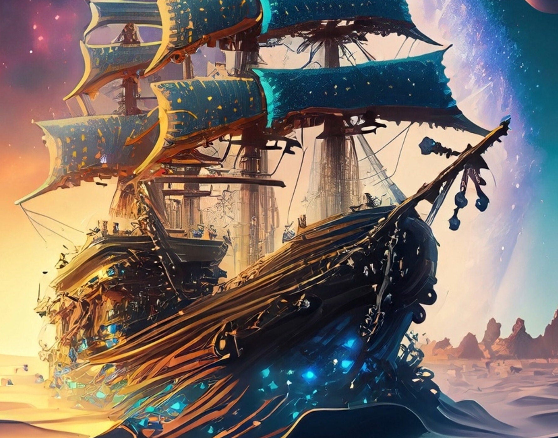 Universe Sailing Ships - Furniture Decoupage Paper - Large Rice Paper - Decoupage Rice Paper - Planets - Galaxy