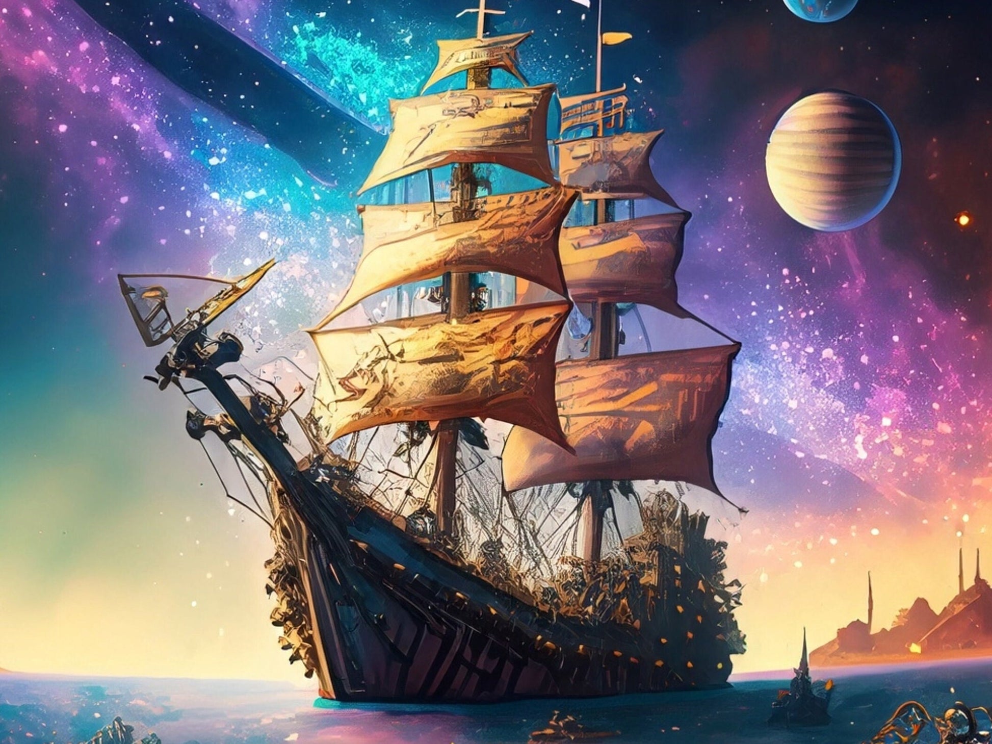 Universe Sailing Ships - Furniture Decoupage Paper - Large Rice Paper - Decoupage Rice Paper - Planets - Galaxy