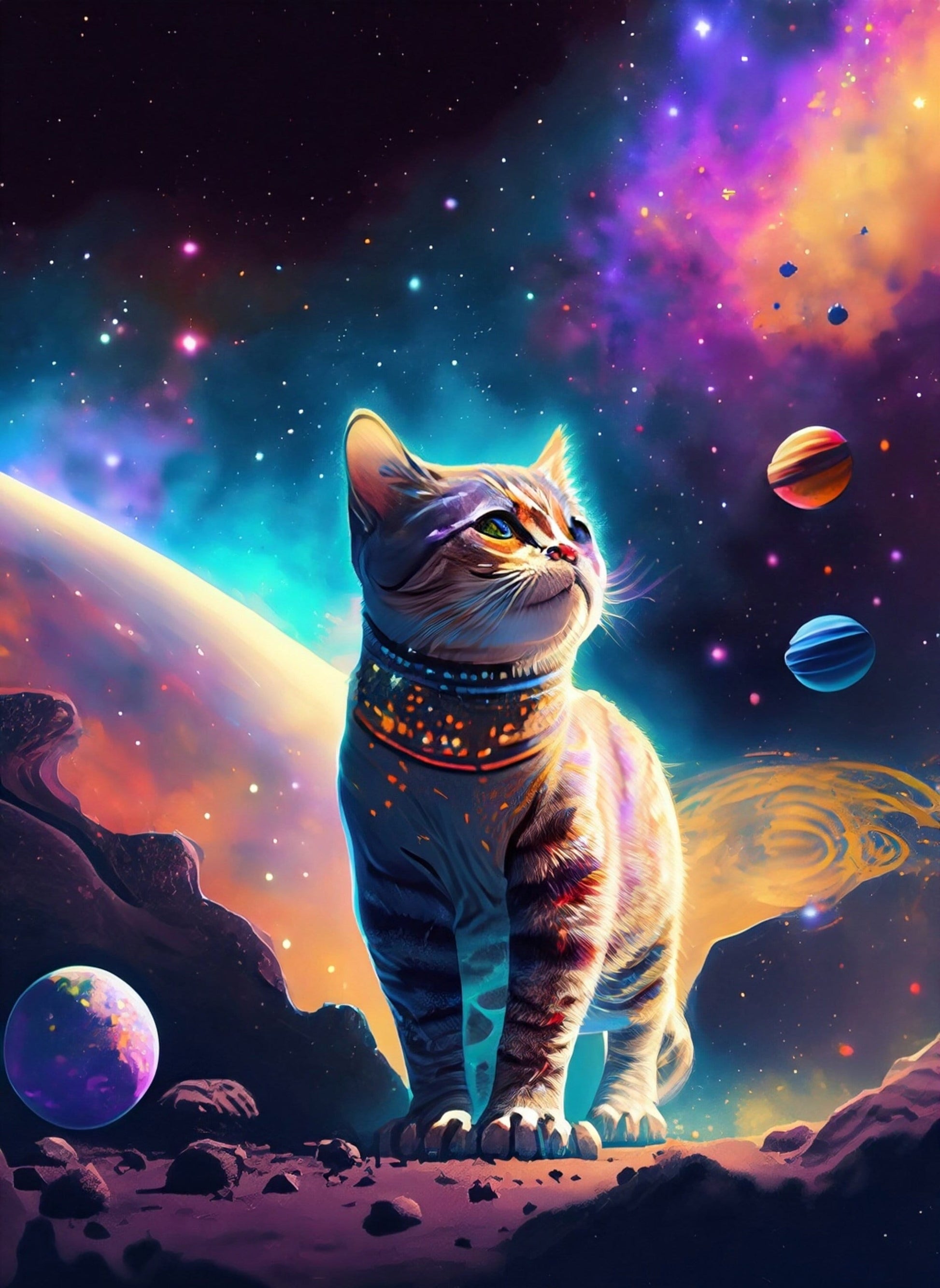 Large Decoupage Paper for Furniture - Rice Paper for Decoupage - Galactic Cat - Decoupage Paper - Colorful Planets and Stars