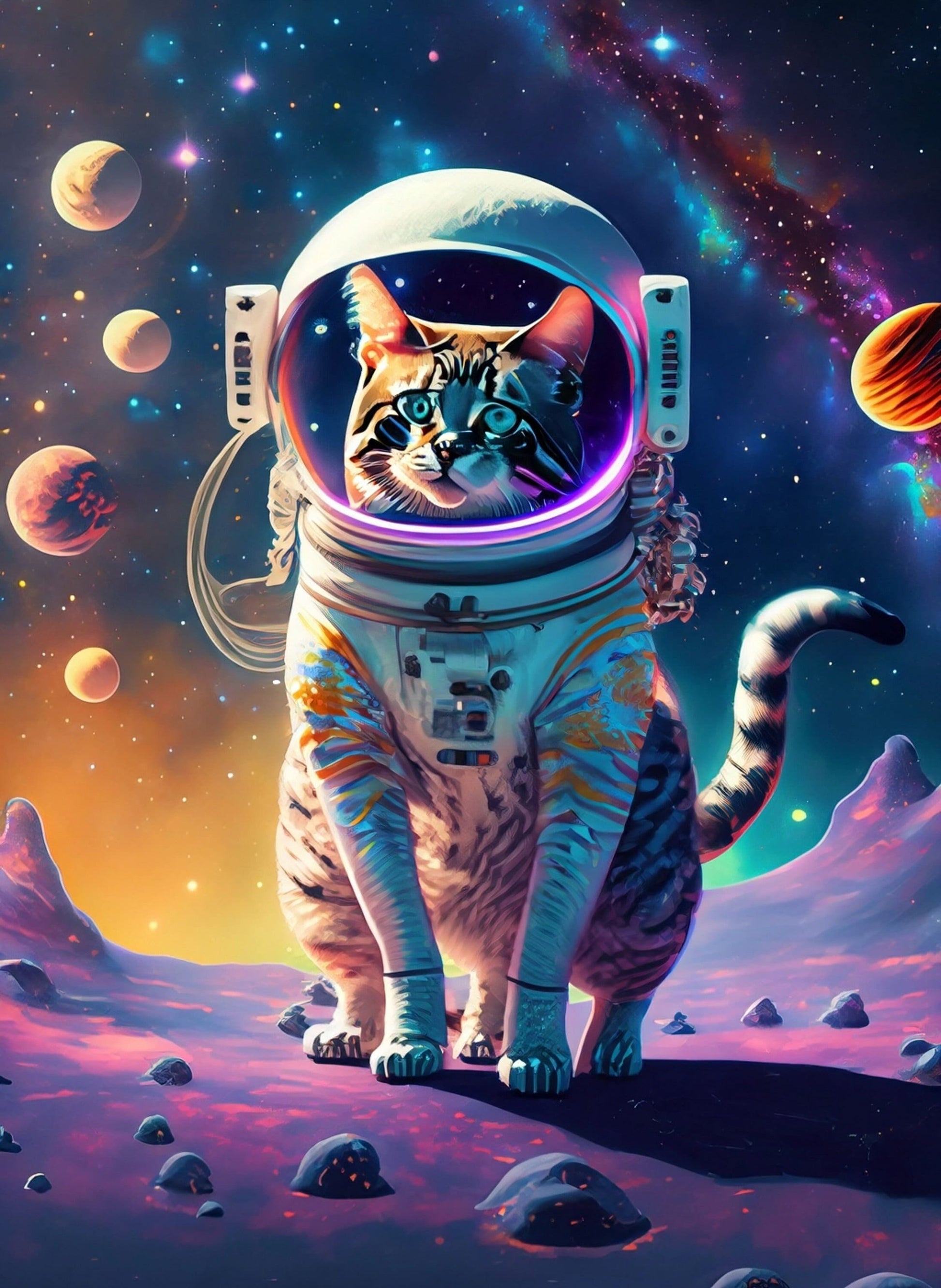 Large Decoupage Paper for Furniture - Rice Paper for Decoupage - Galactic Cat - Decoupage Paper - Colorful Planets and Stars - Astronaut