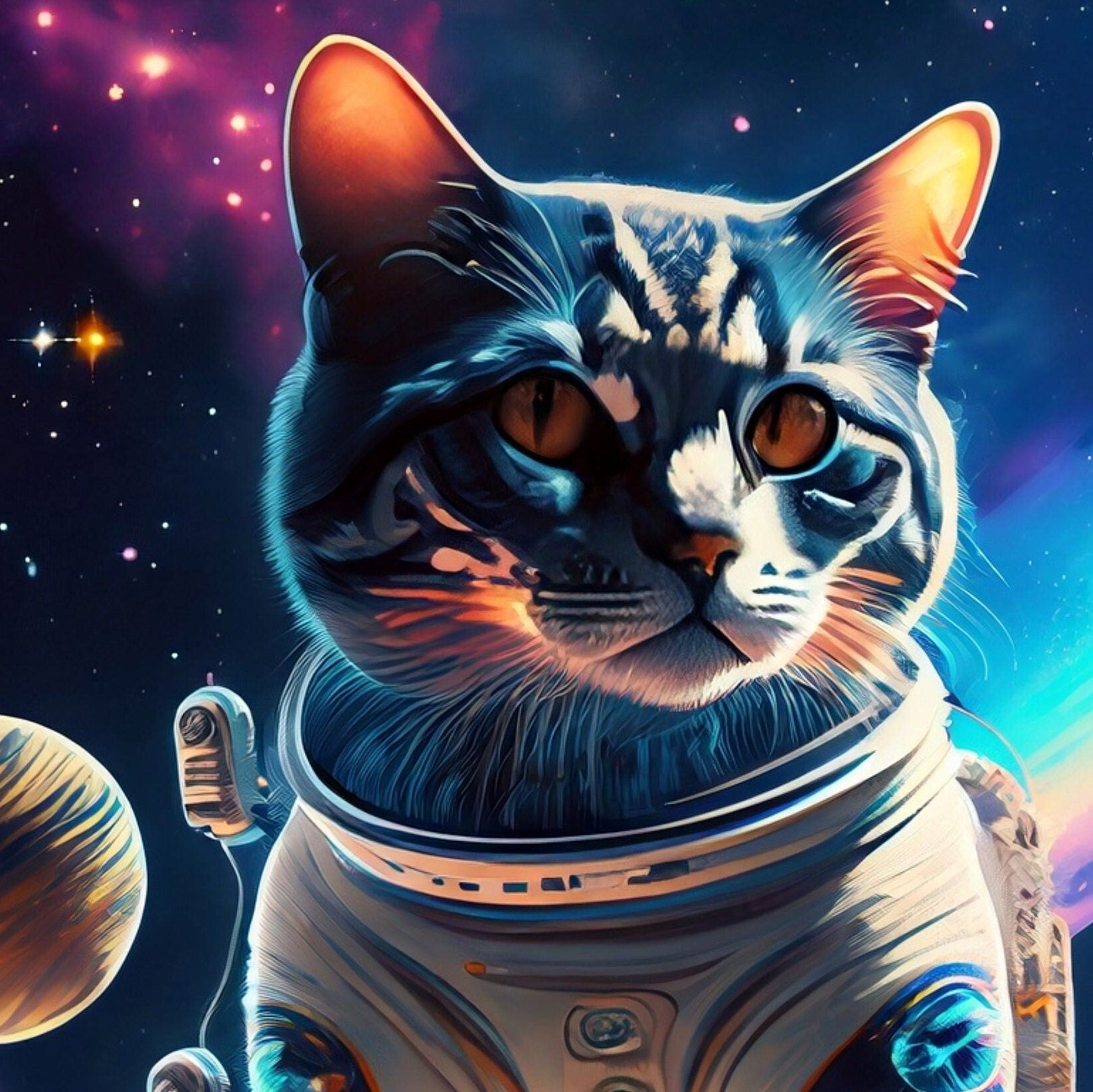 Large Decoupage Paper for Furniture - Rice Paper for Decoupage - Galactic Cat - Decoupage Paper - Colorful Planets and Stars - Astronaut