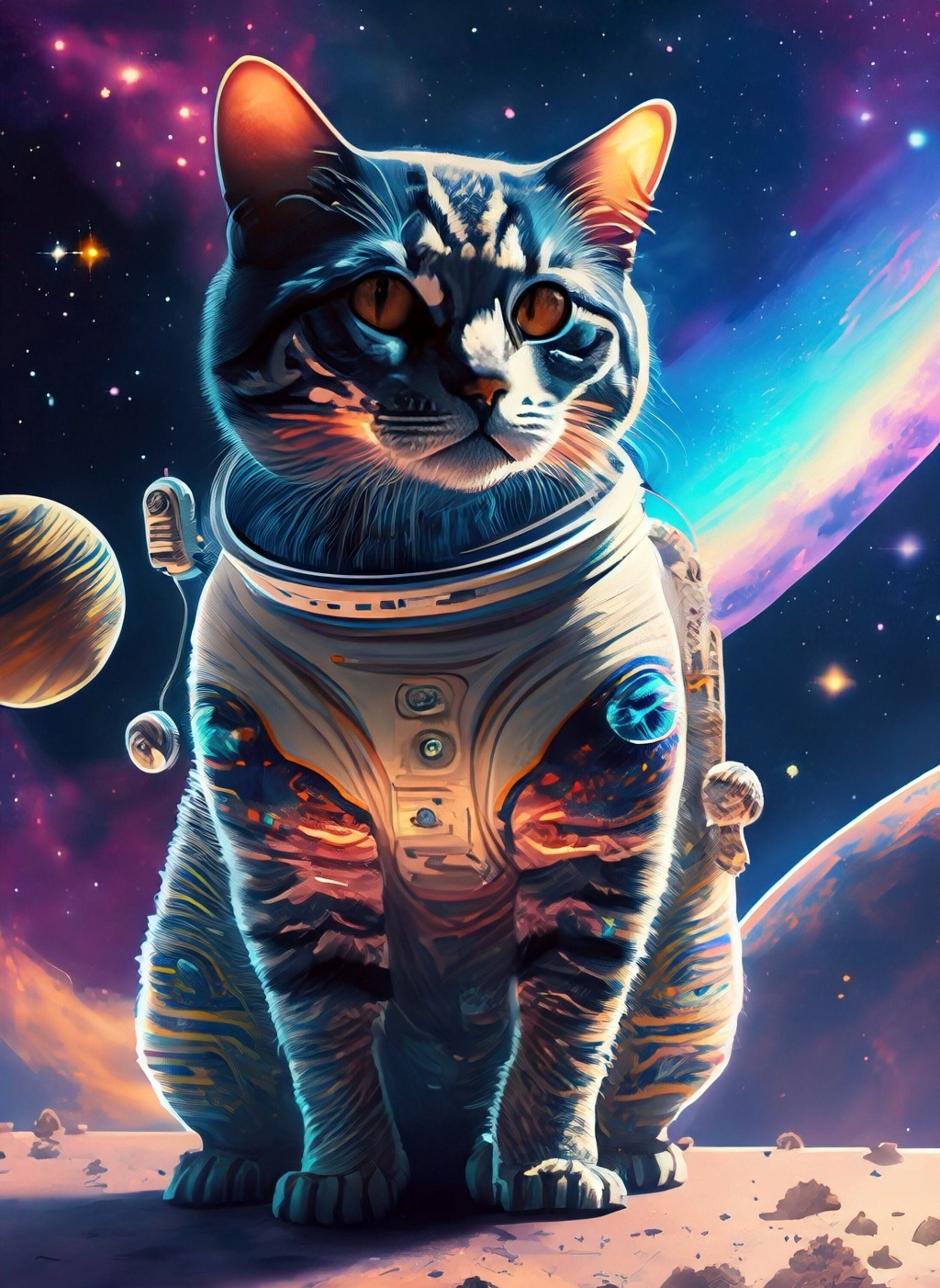 Large Decoupage Paper for Furniture - Rice Paper for Decoupage - Galactic Cat - Decoupage Paper - Colorful Planets and Stars - Astronaut