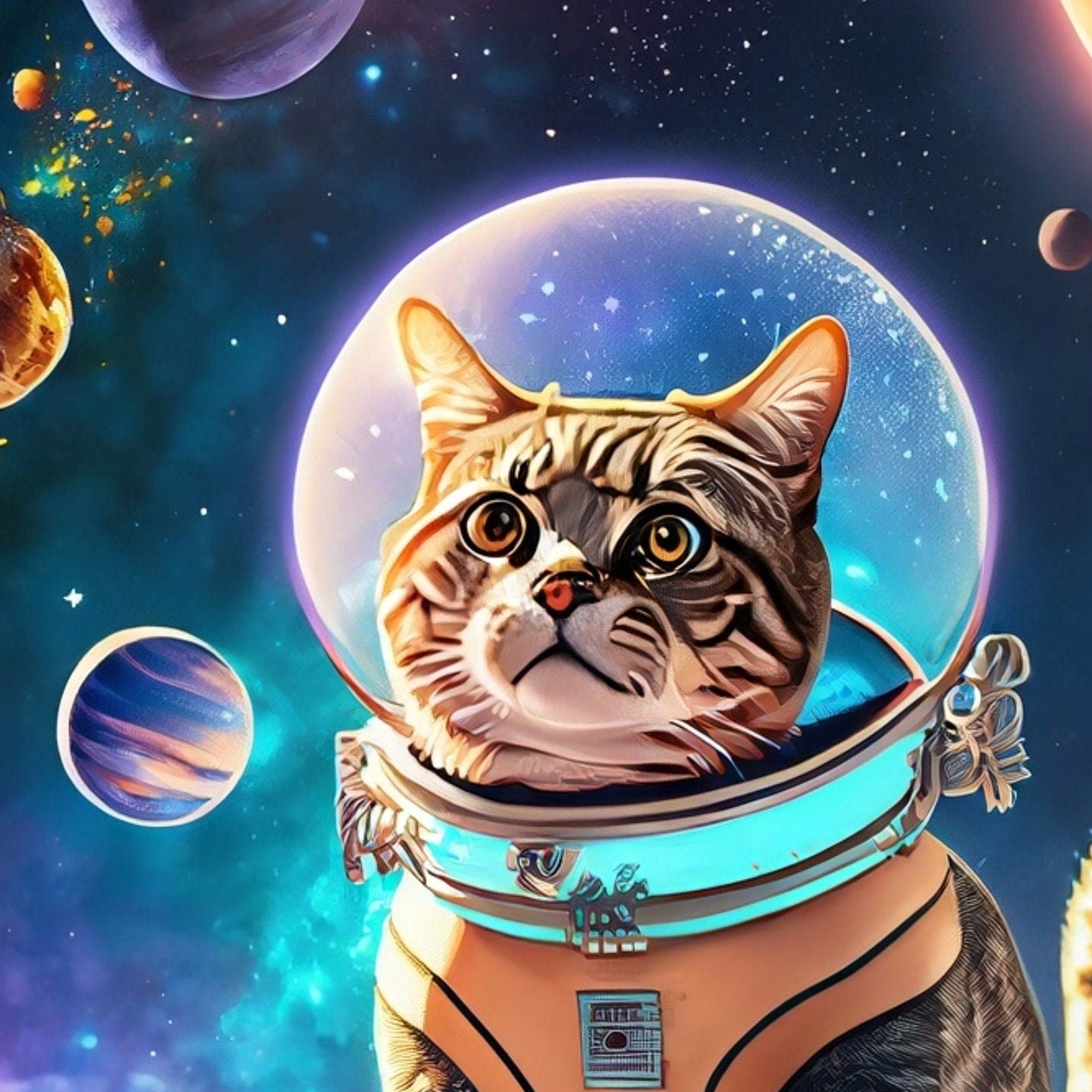 Large Decoupage Paper for Furniture - Rice Paper for Decoupage - Galactic Cat - Decoupage Paper - Colorful Planets and Stars - Astronaut