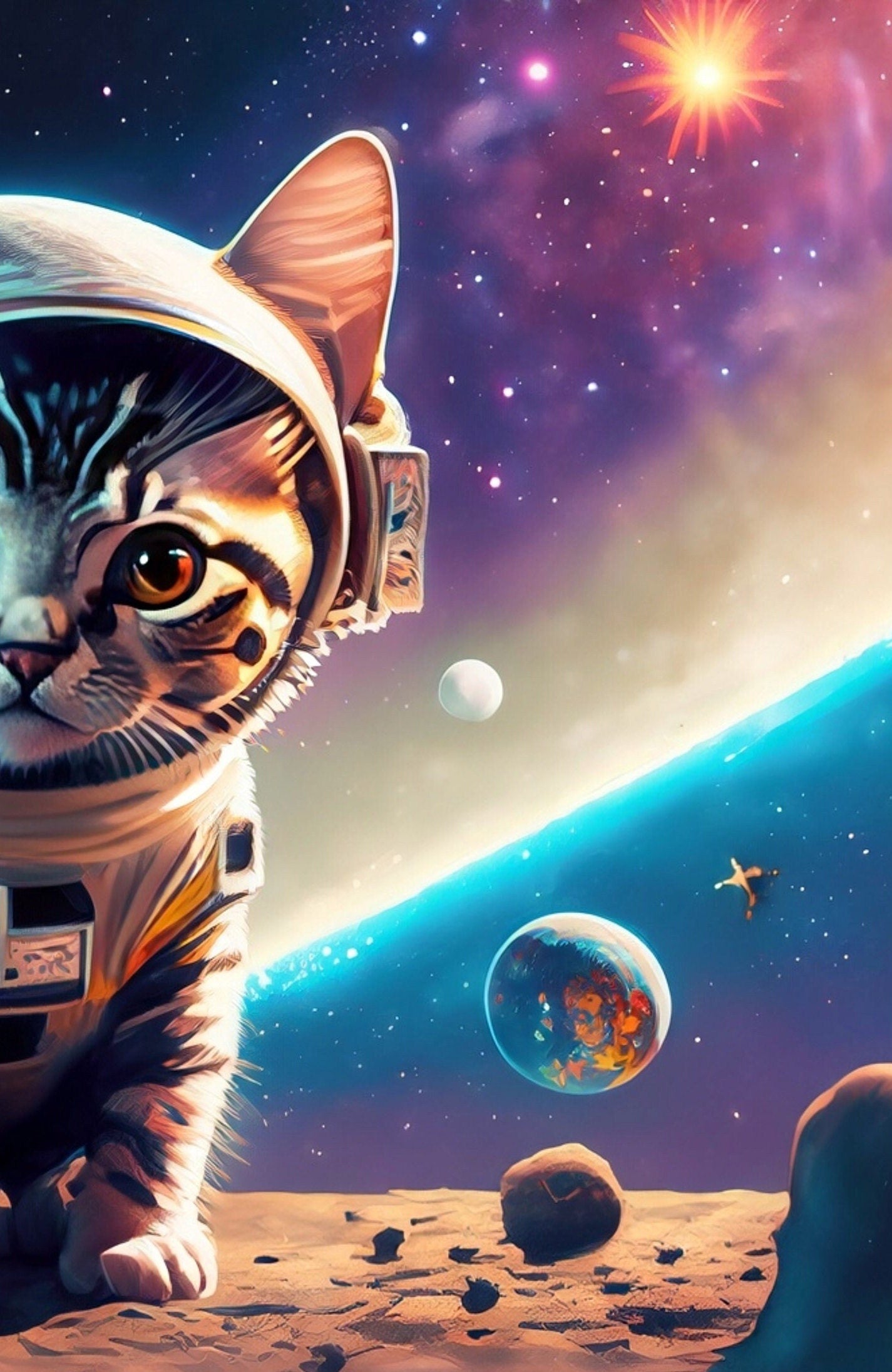 Large Decoupage Paper for Furniture - Rice Paper for Decoupage - Galactic Cat - Decoupage Paper - Colorful Planets and Stars - Astronaut