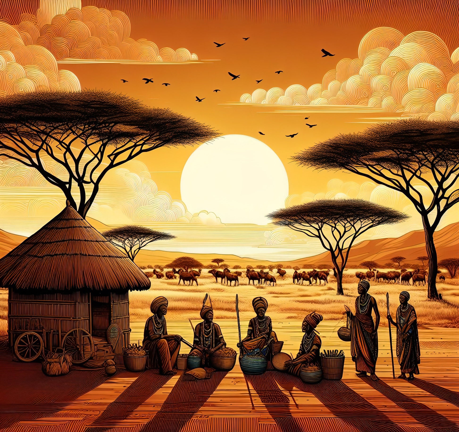 African Tribe - Decoupage Paper for Furniture - Rice Paper Decoupage - Large Decoupage Paper - Sun Elephant Birds Nature