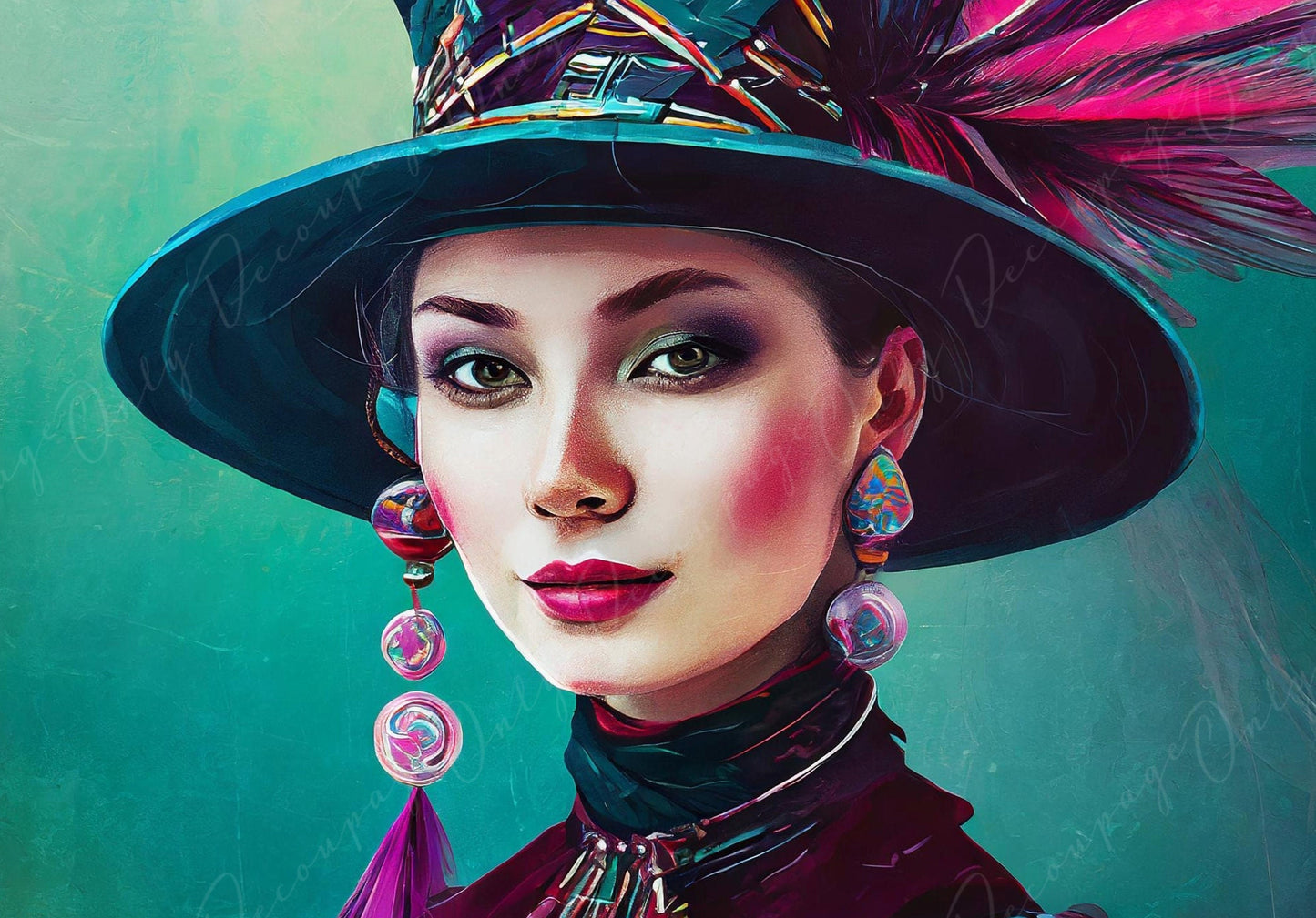 Decoupage Paper for Furniture - Rice Paper for Decoupage - Lady with Hat - Decoupage Paper - Purple Green