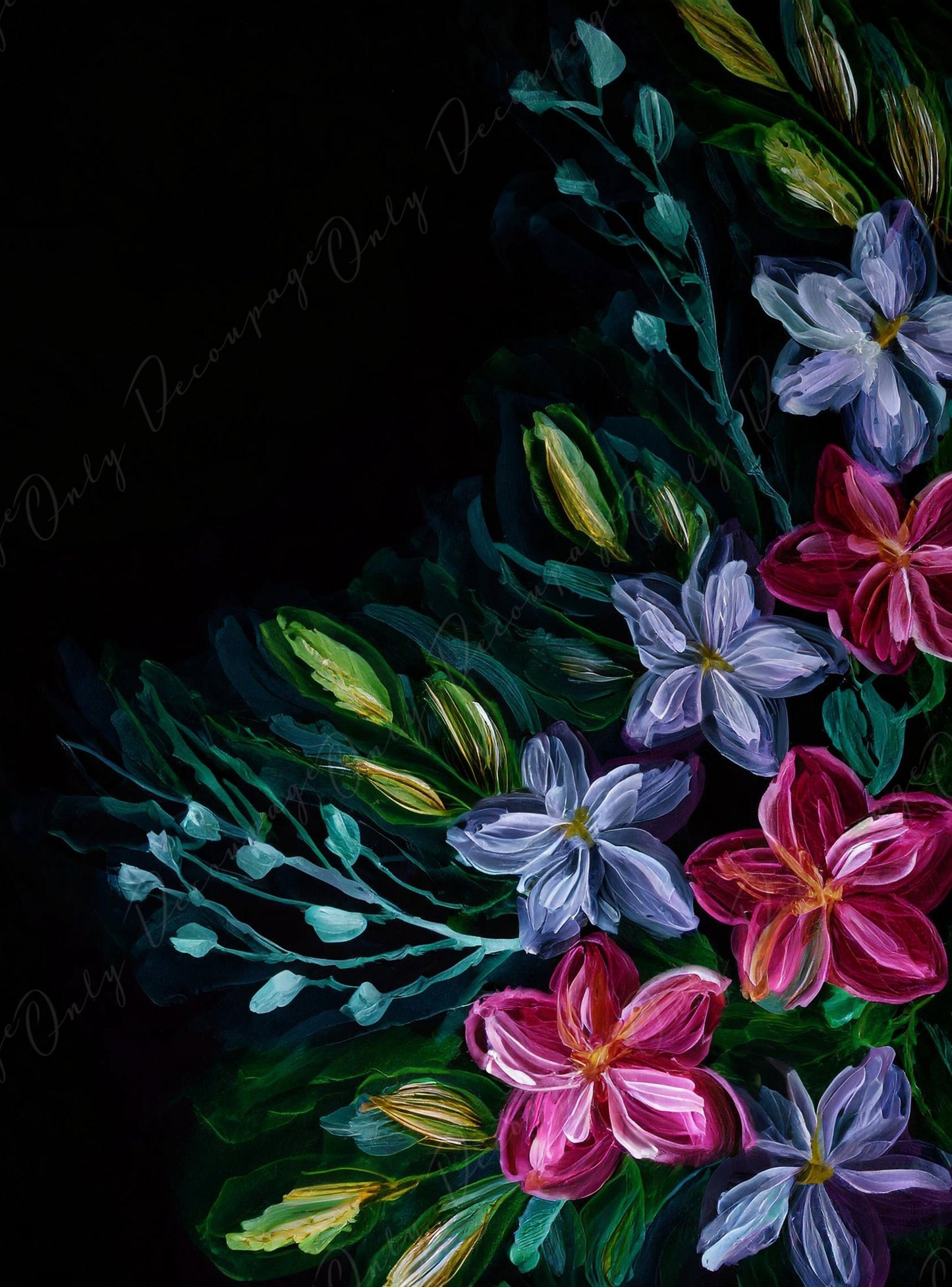 Decoupage Paper Floral - Rice Paper for Furniture - Dark Background - Spring Flowers