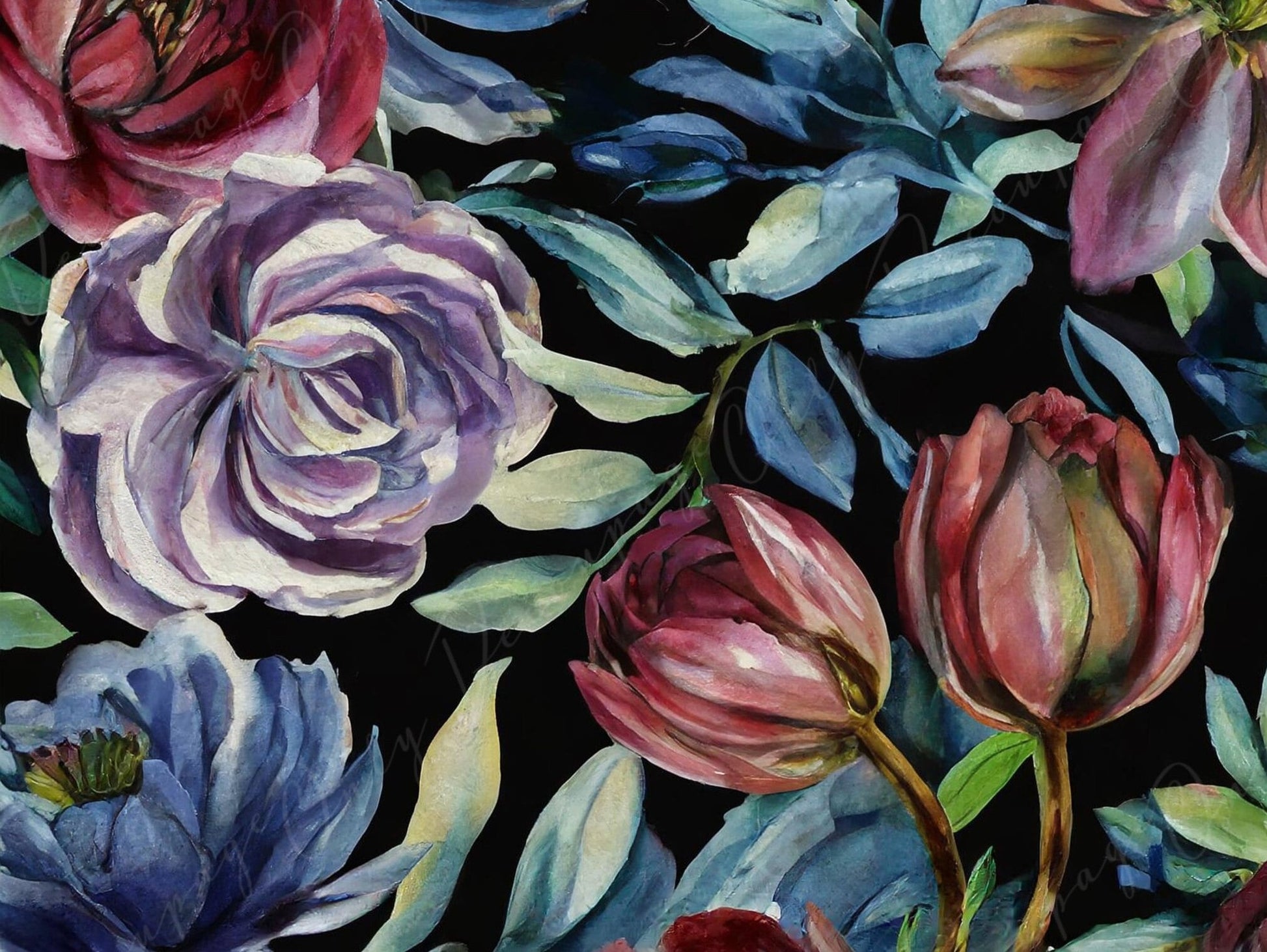 Decoupage Paper Floral - Rice Paper for Furniture - Dark Background - Spring Flowers