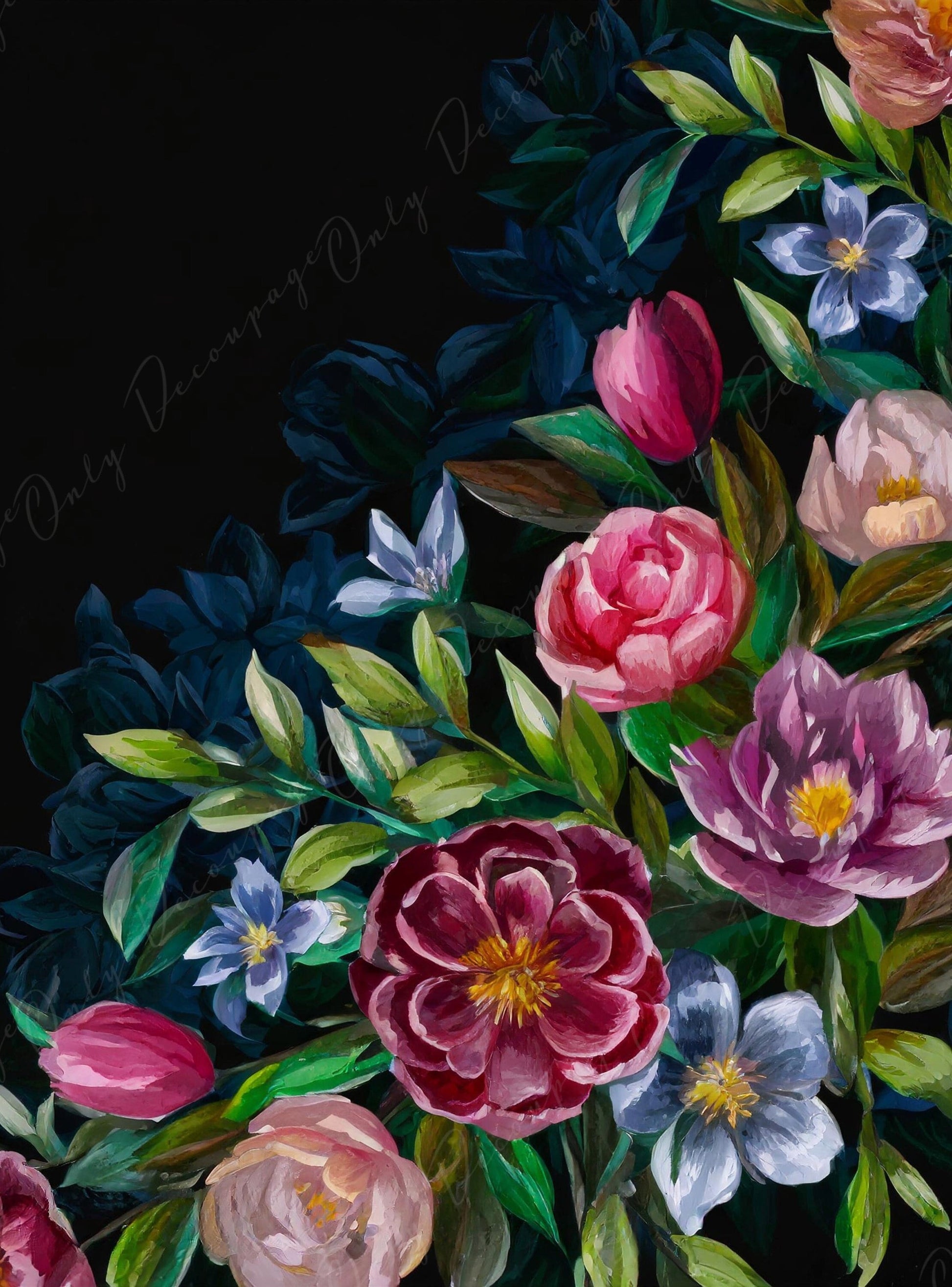Decoupage Paper Floral - Rice Paper for Furniture - Dark Background - Spring Flowers