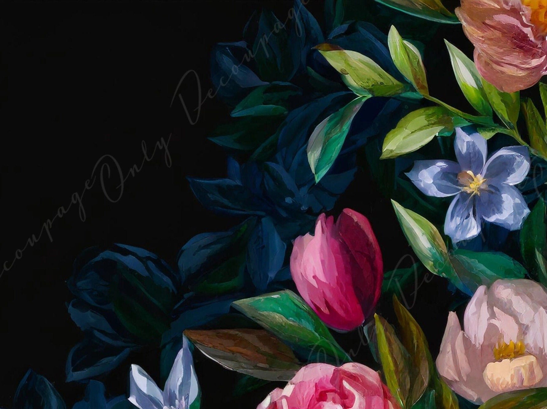 Decoupage Paper Floral - Rice Paper for Furniture - Dark Background - Spring Flowers