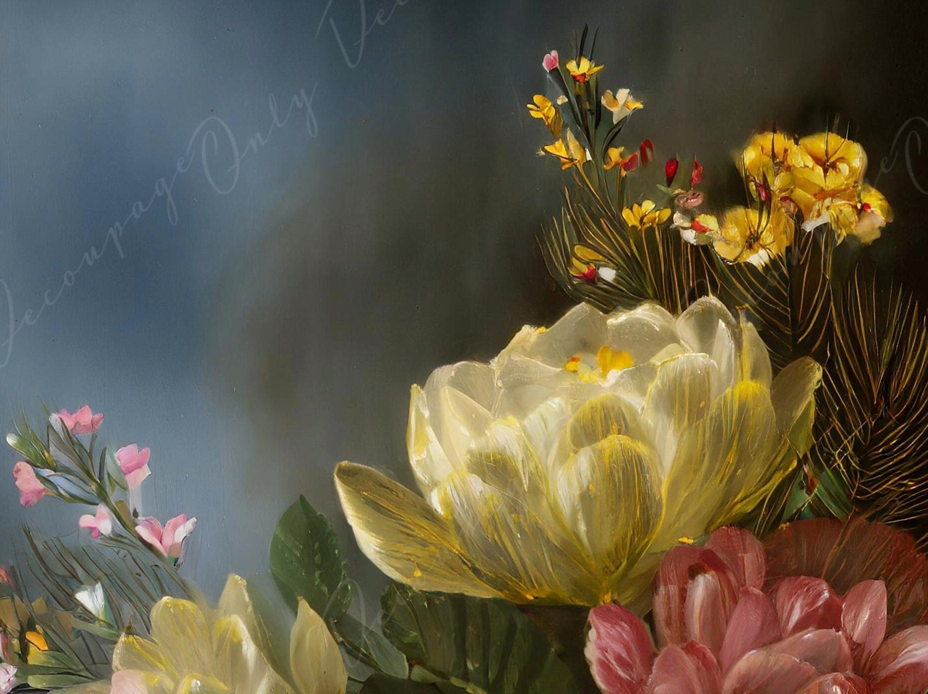 Decoupage Paper Floral - Rice Paper for Furniture - Dark Background - Spring Flowers