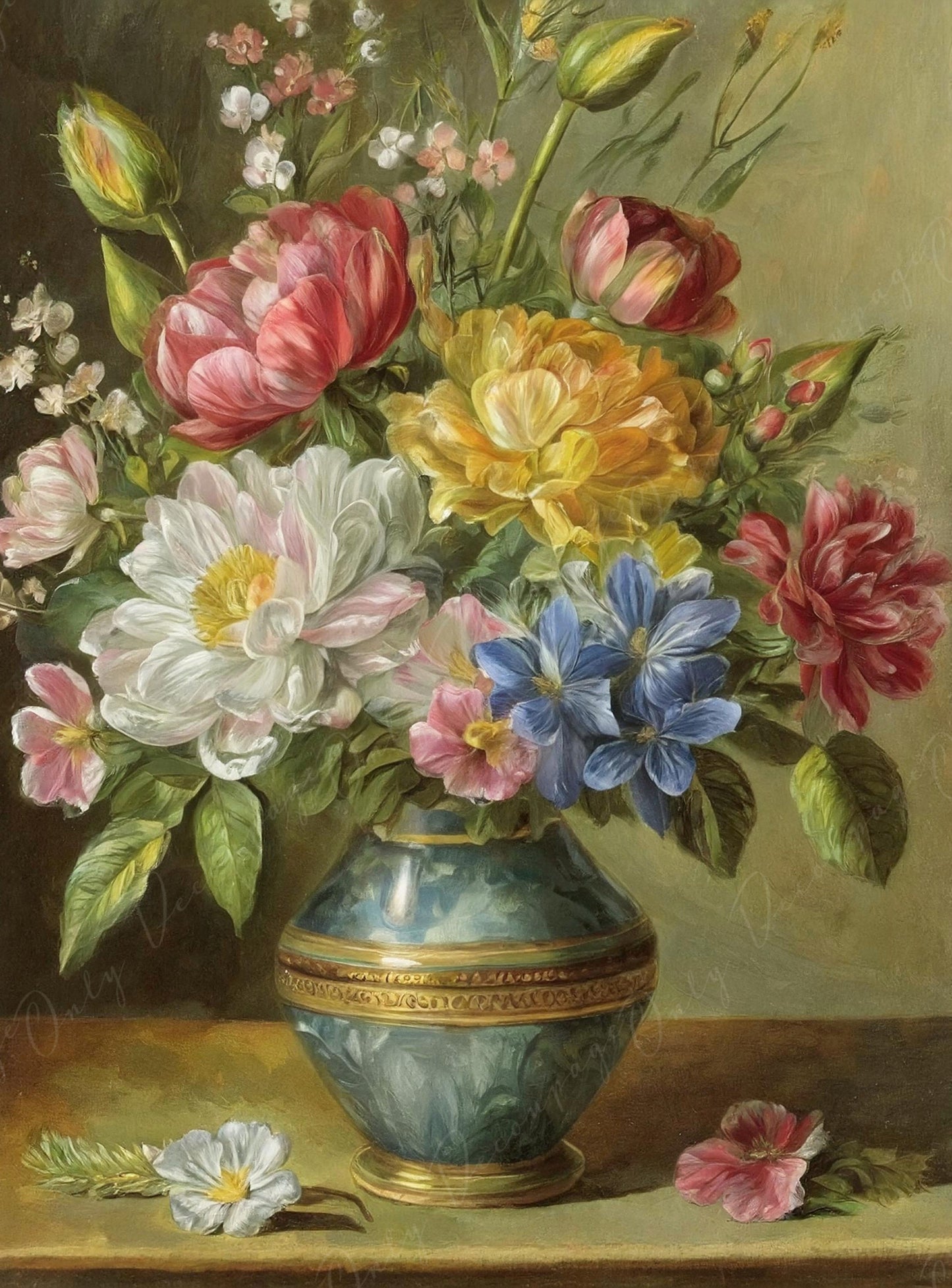 Decoupage Paper Floral - Rice Paper for Furniture - Dark Background - Spring Flowers - Vase - Still Life