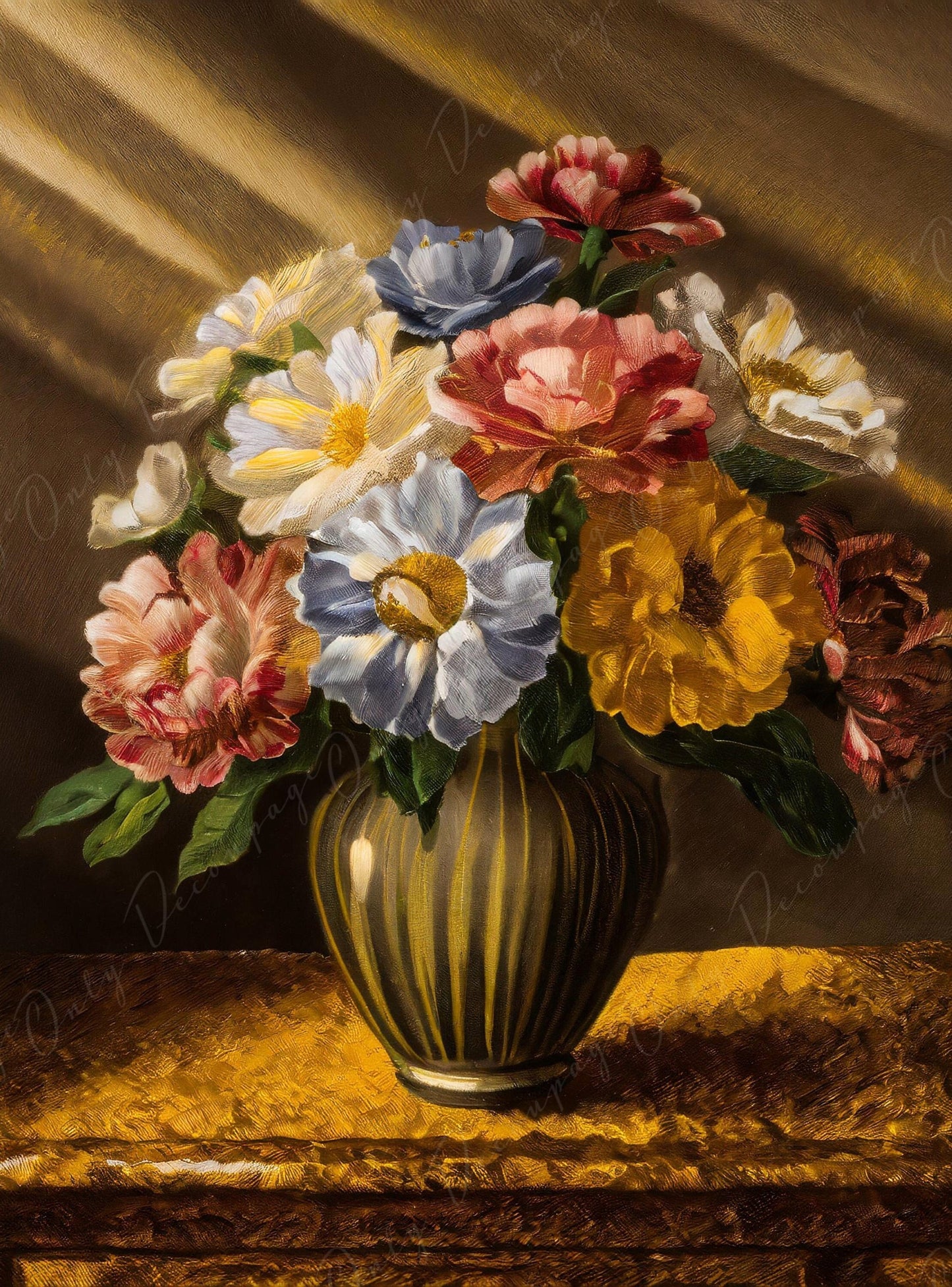 Golden Hour - Decoupage Paper Floral - Rice Paper for Furniture - Dark Background - Spring Flowers - Vase - Still Life