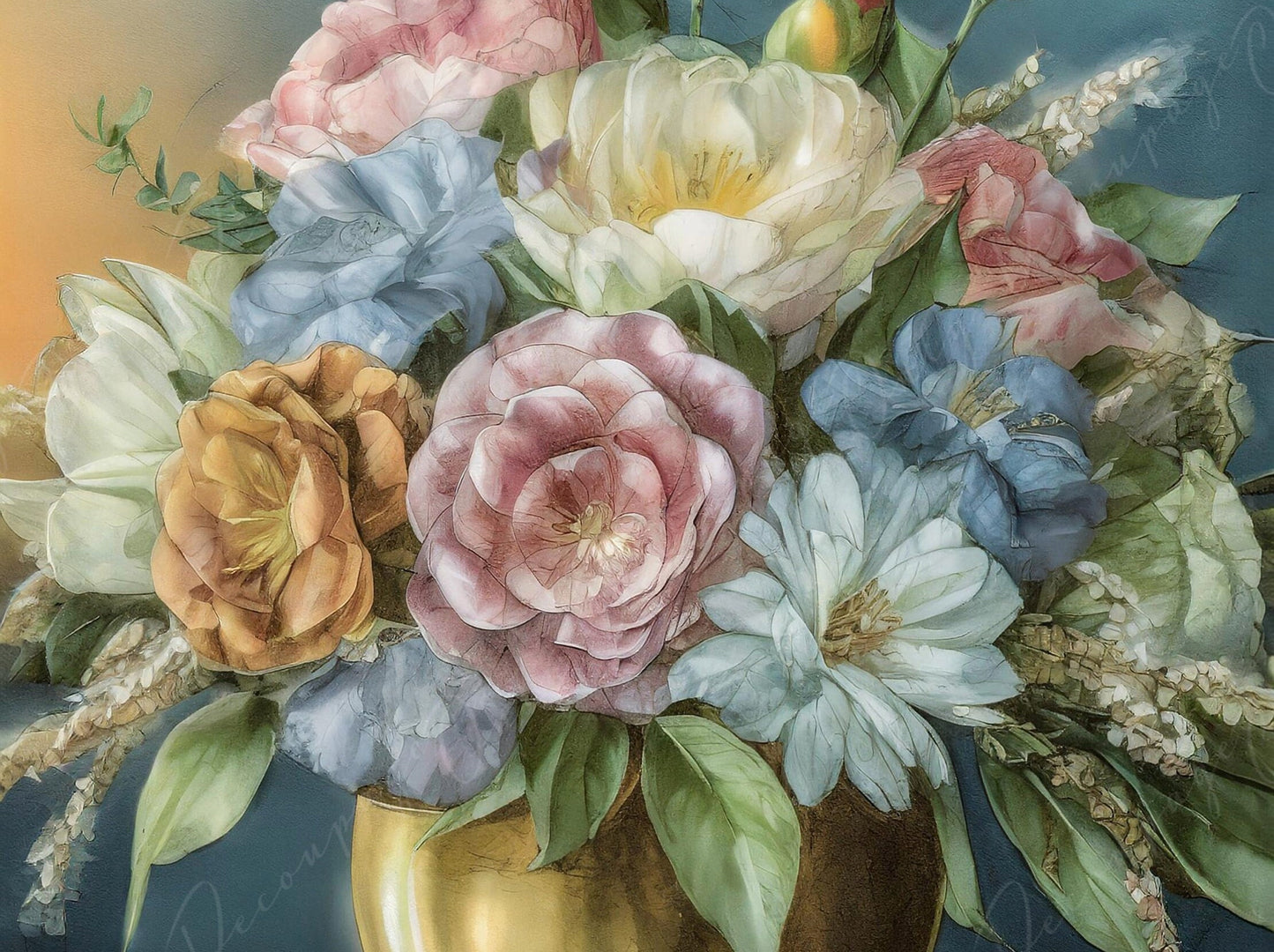 Decoupage Paper Floral - Rice Paper for Furniture - Dark Background - Spring Flowers - Golden Vase - Still Life