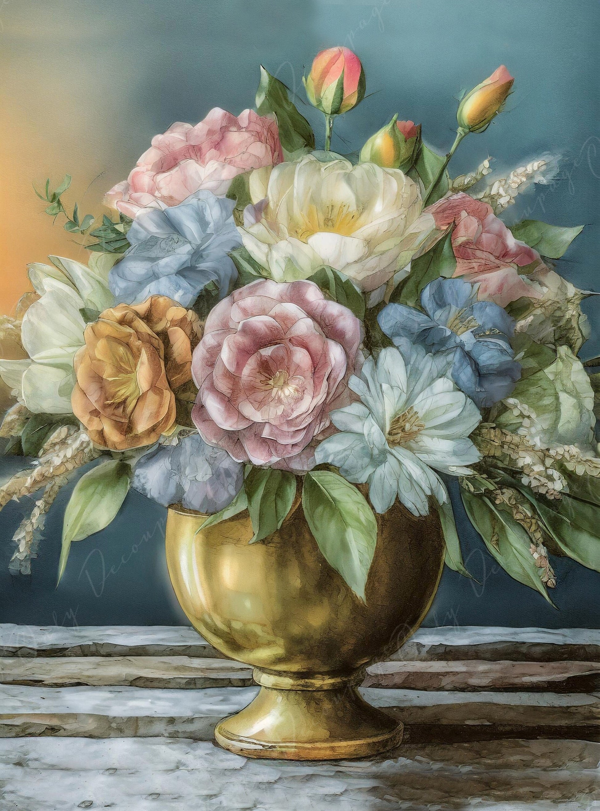 Decoupage Paper Floral - Rice Paper for Furniture - Dark Background - Spring Flowers - Golden Vase - Still Life