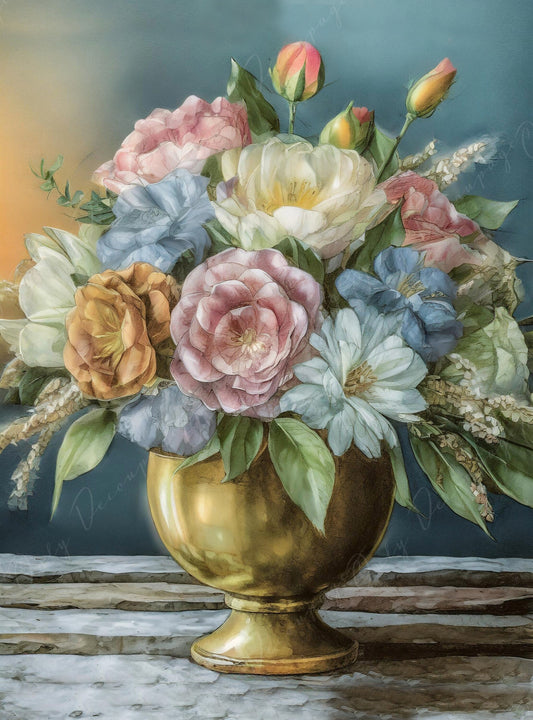 Decoupage Paper Floral - Rice Paper for Furniture - Dark Background - Spring Flowers - Golden Vase - Still Life